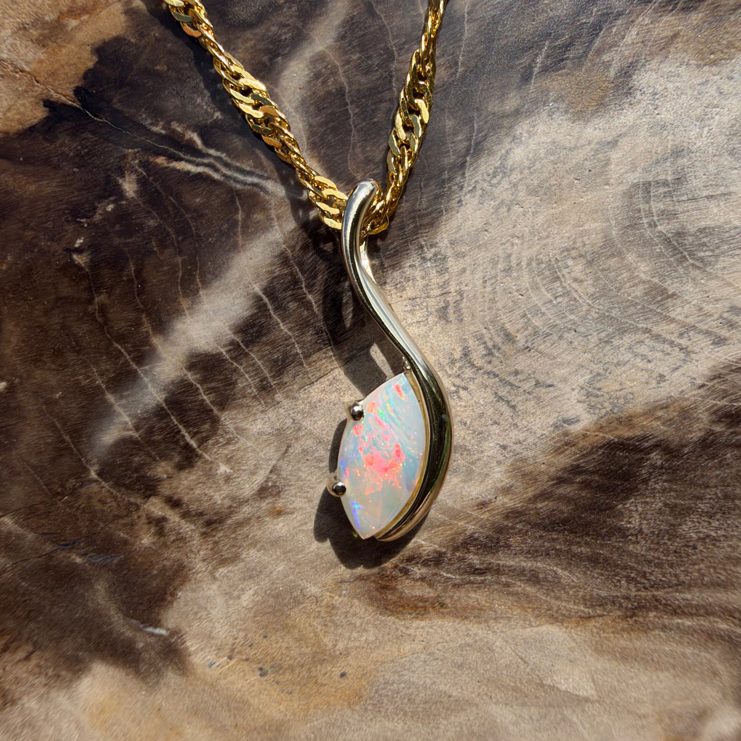 0.4ct Coober Pedy Opal Pendant Necklace ~ 'Russell Falls Droplet' | 9ct Yellow Gold | Solid Australian Opal