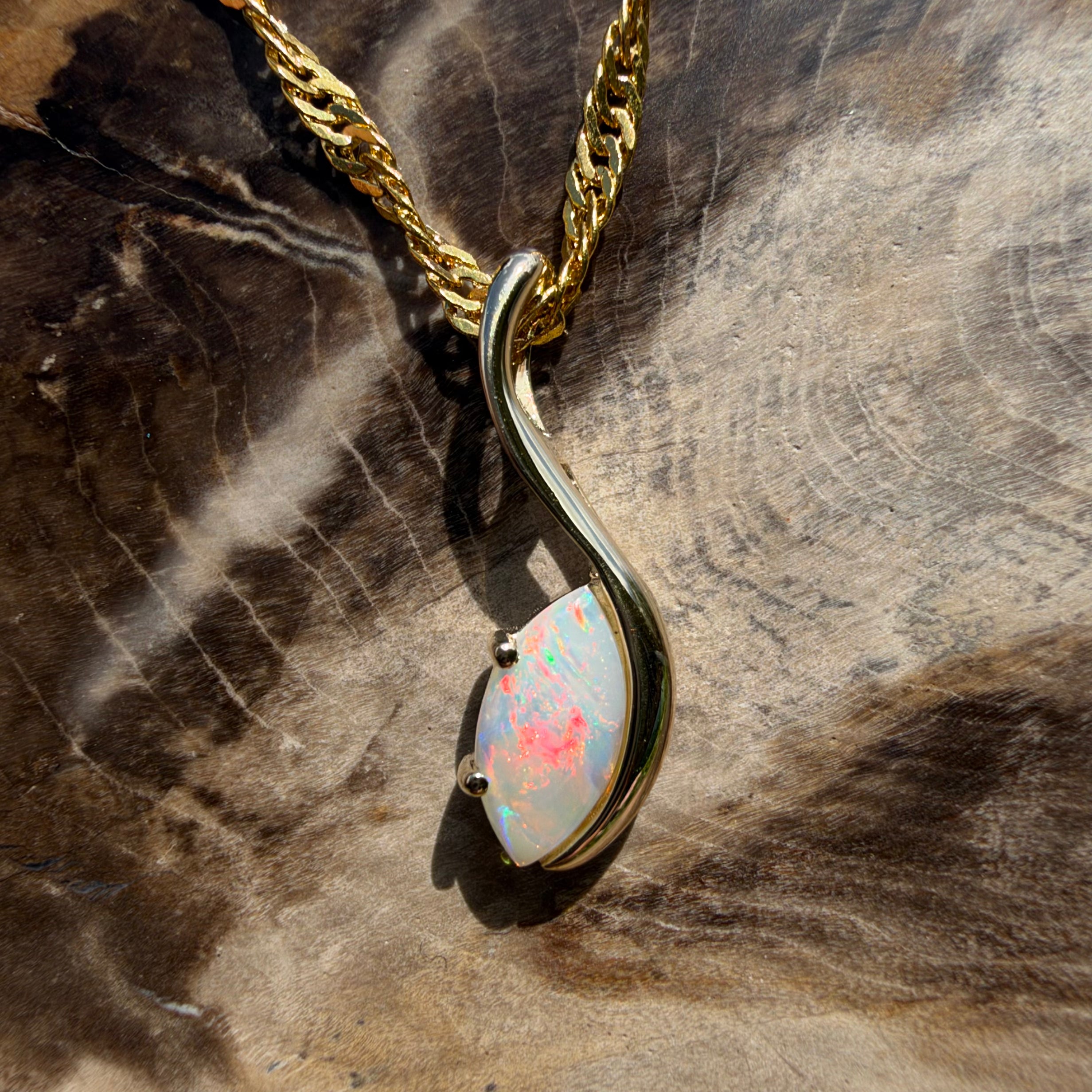0.4ct Coober Pedy Opal Pendant Necklace ~ 'Russell Falls Droplet' | 9ct Yellow Gold | Solid Australian Opal