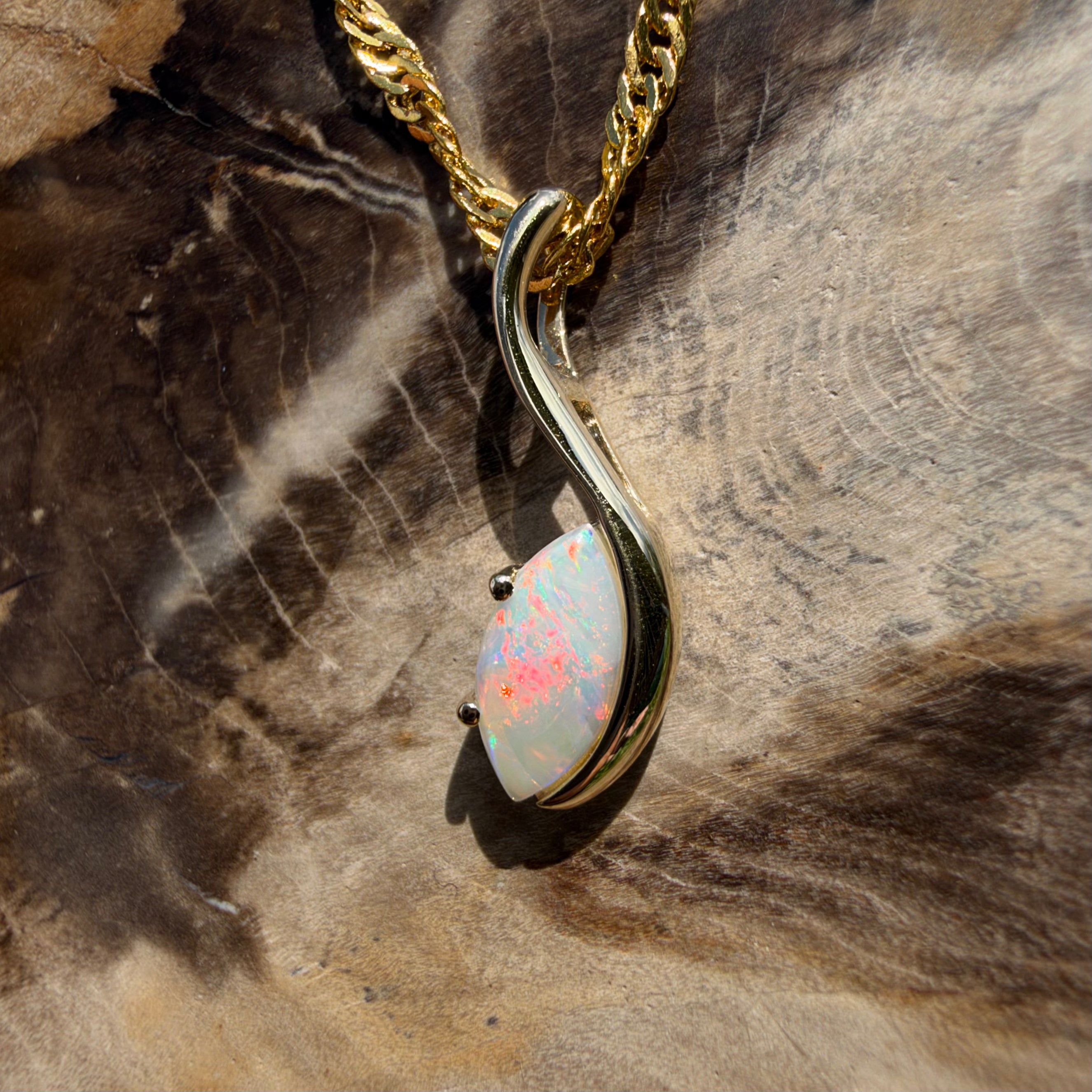 0.4ct Coober Pedy Opal Pendant Necklace ~ 'Russell Falls Droplet' | 9ct Yellow Gold | Solid Australian Opal