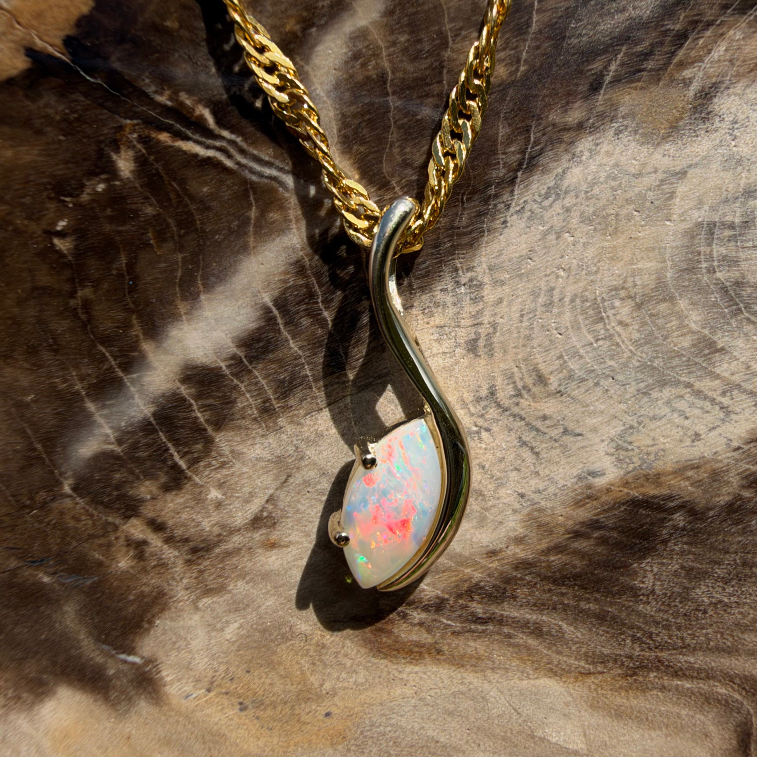 0.4ct Coober Pedy Opal Pendant Necklace ~ 'Russell Falls Droplet' | 9ct Yellow Gold | Solid Australian Opal