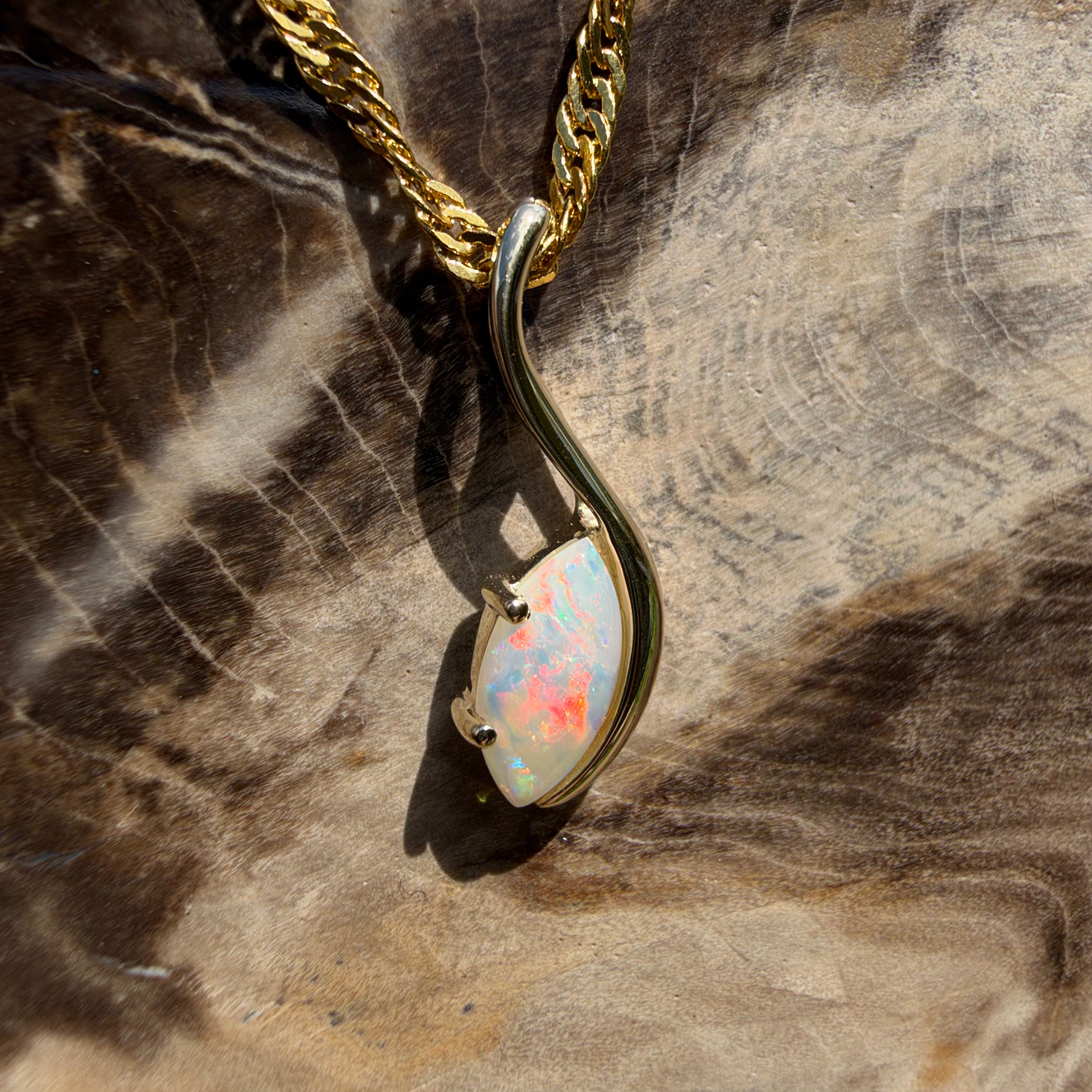 0.4ct Coober Pedy Opal Pendant Necklace ~ 'Russell Falls Droplet' | 9ct Yellow Gold | Solid Australian Opal