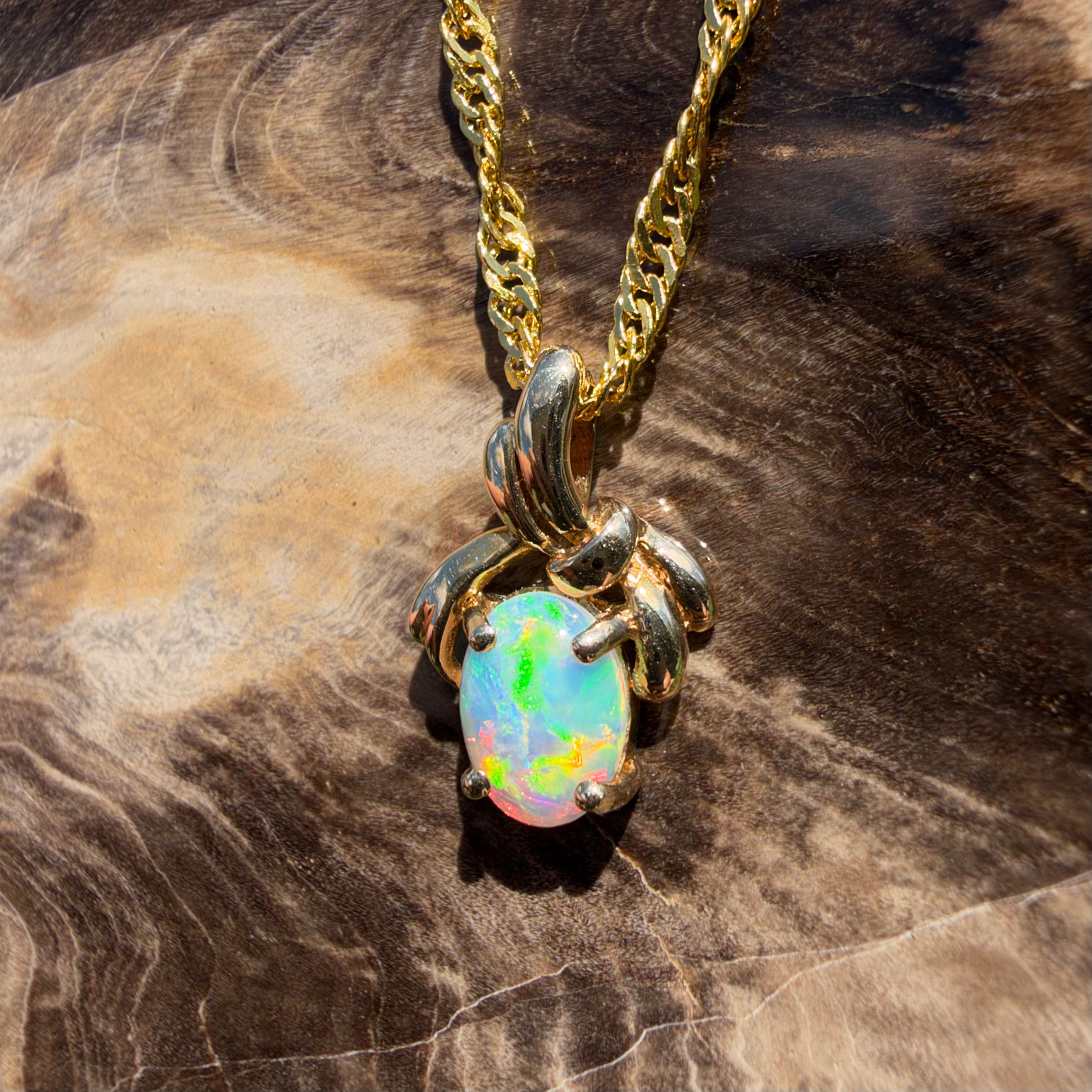 0.5ct Coober Pedy Opal Bypass Pendant Necklace ~ 'Huskisson Drift' | 14ct Yellow Gold | Solid Australian Opal