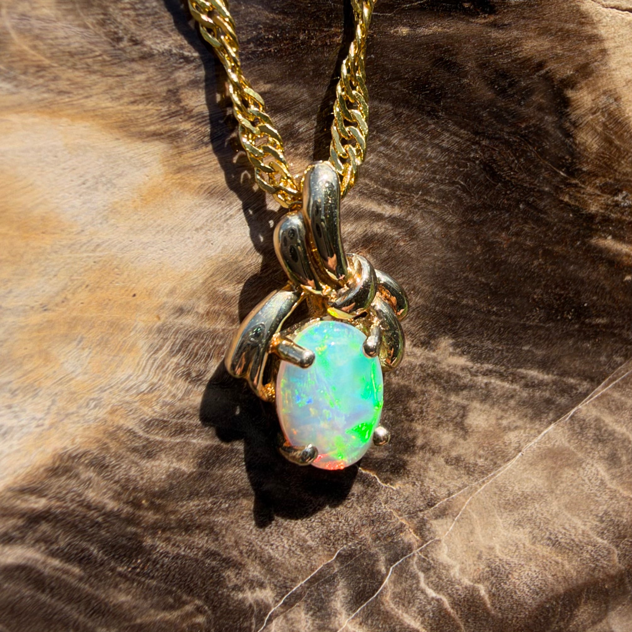 0.5ct Coober Pedy Opal Bypass Pendant Necklace ~ 'Huskisson Drift' | 14ct Yellow Gold | Solid Australian Opal