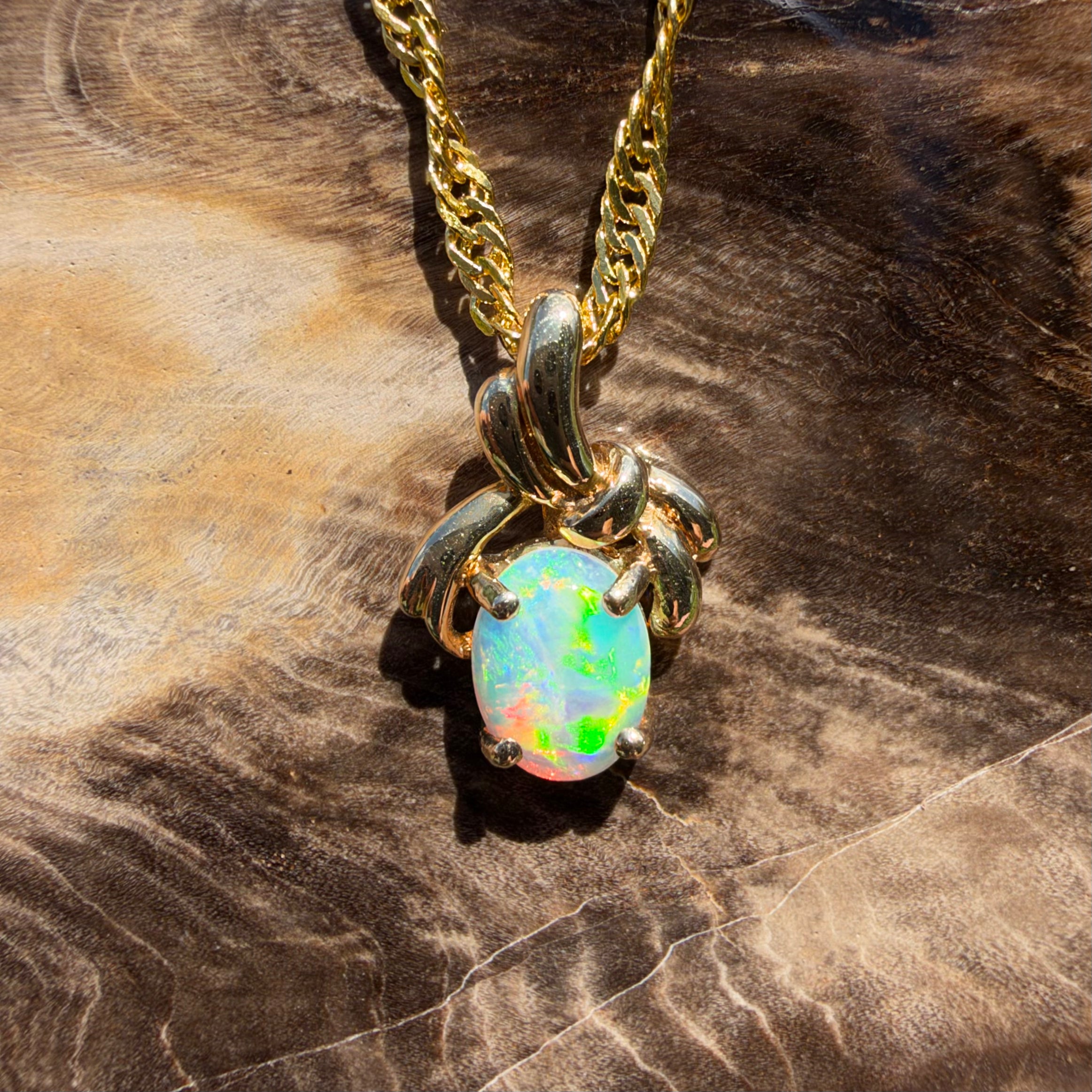 0.5ct Coober Pedy Opal Bypass Pendant Necklace ~ 'Huskisson Drift' | 14ct Yellow Gold | Solid Australian Opal