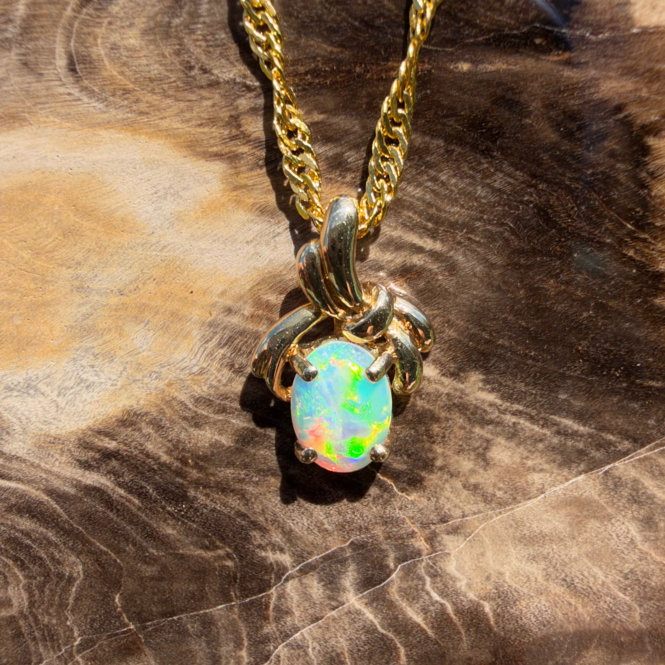 0.5ct Coober Pedy Opal Bypass Pendant Necklace ~ 'Huskisson Drift' | 14ct Yellow Gold | Solid Australian Opal