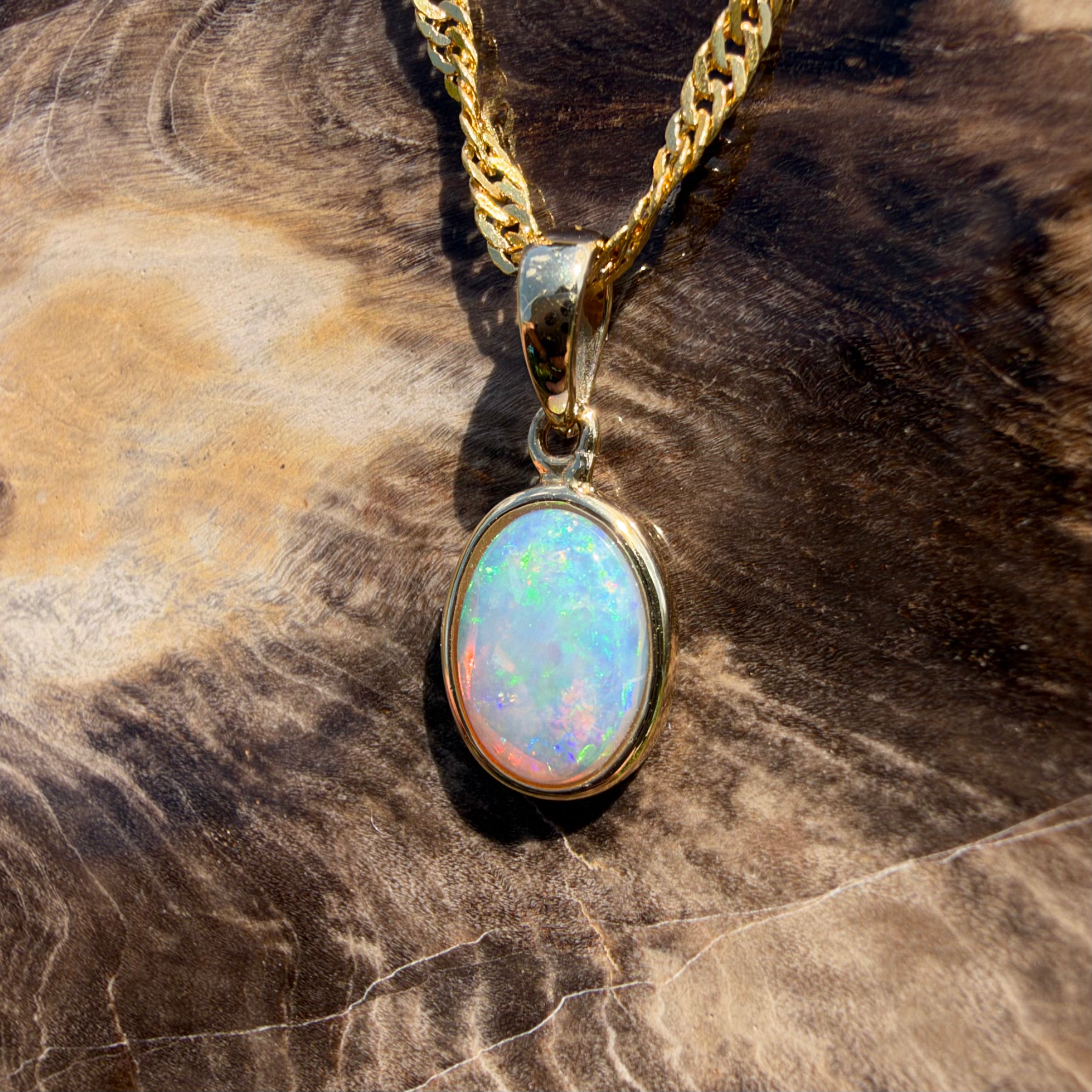 0.9ct Coober Pedy Opal Pendant Necklace ~ 'Cockle Creek Halo' | 14ct Yellow Gold | Solid Australian Opal