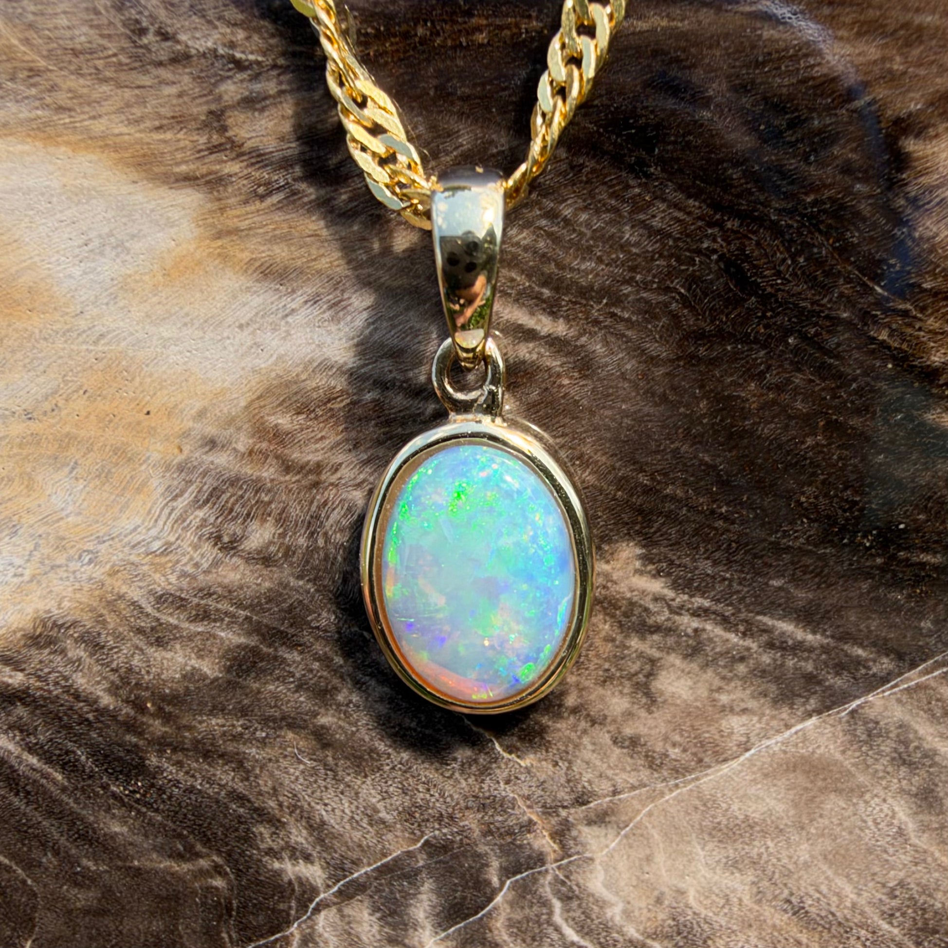 0.9ct Coober Pedy Opal Pendant Necklace ~ 'Cockle Creek Halo' | 14ct Yellow Gold | Solid Australian Opal