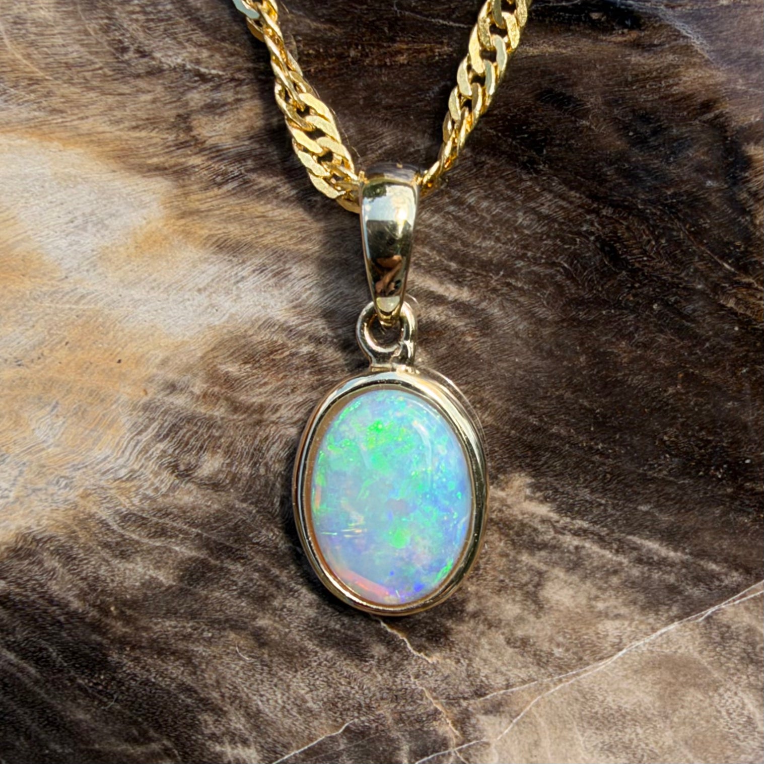 0.9ct Coober Pedy Opal Pendant Necklace ~ 'Cockle Creek Halo' | 14ct Yellow Gold | Solid Australian Opal