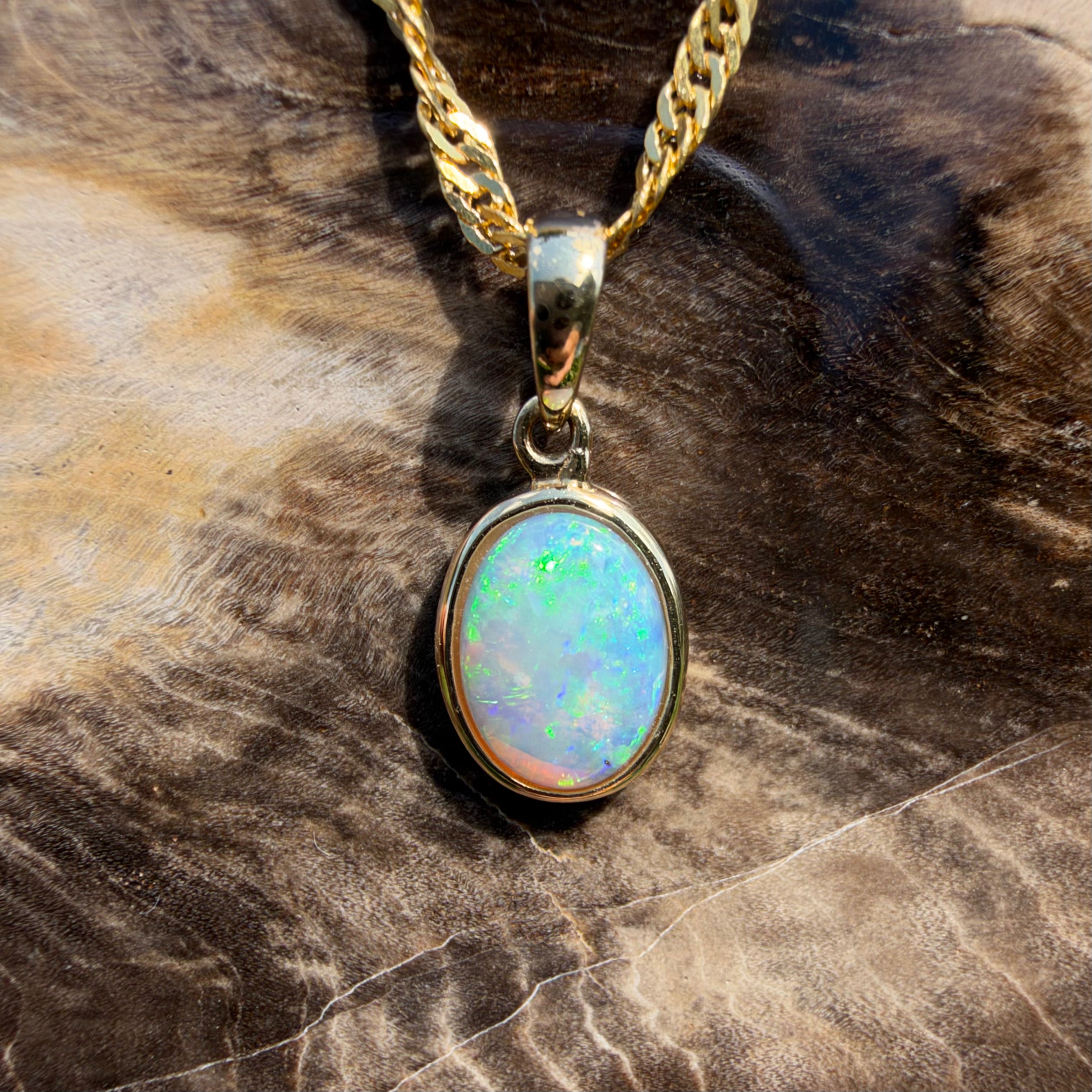 0.9ct Coober Pedy Opal Pendant Necklace ~ 'Cockle Creek Halo' | 14ct Yellow Gold | Solid Australian Opal