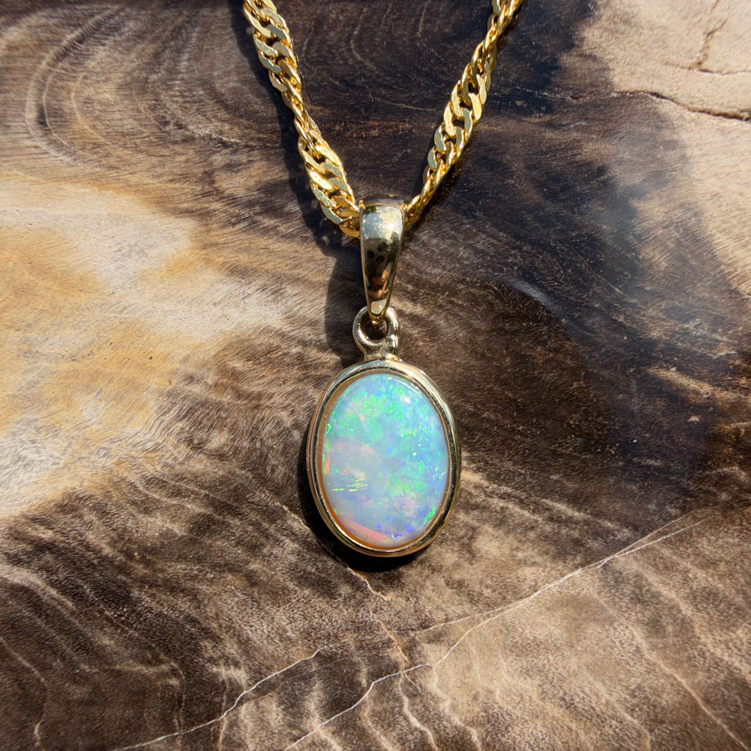 0.9ct Coober Pedy Opal Pendant Necklace ~ 'Cockle Creek Halo' | 14ct Yellow Gold | Solid Australian Opal