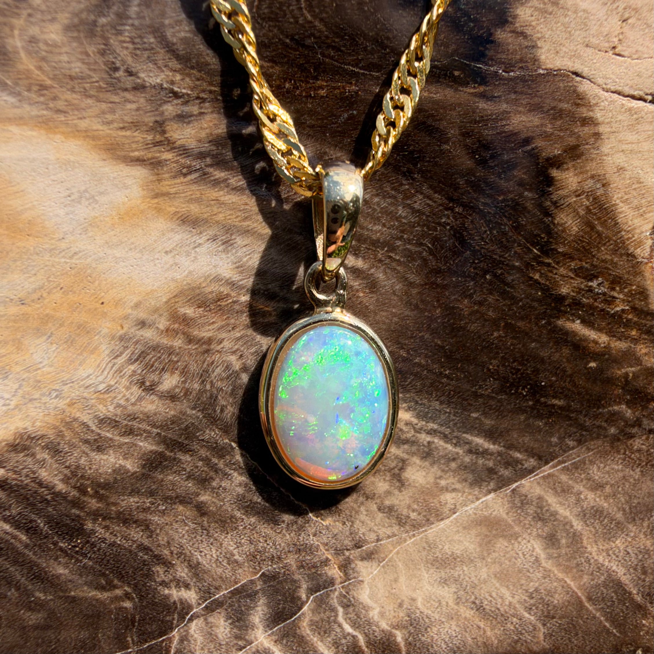 0.9ct Coober Pedy Opal Pendant Necklace ~ 'Cockle Creek Halo' | 14ct Yellow Gold | Solid Australian Opal