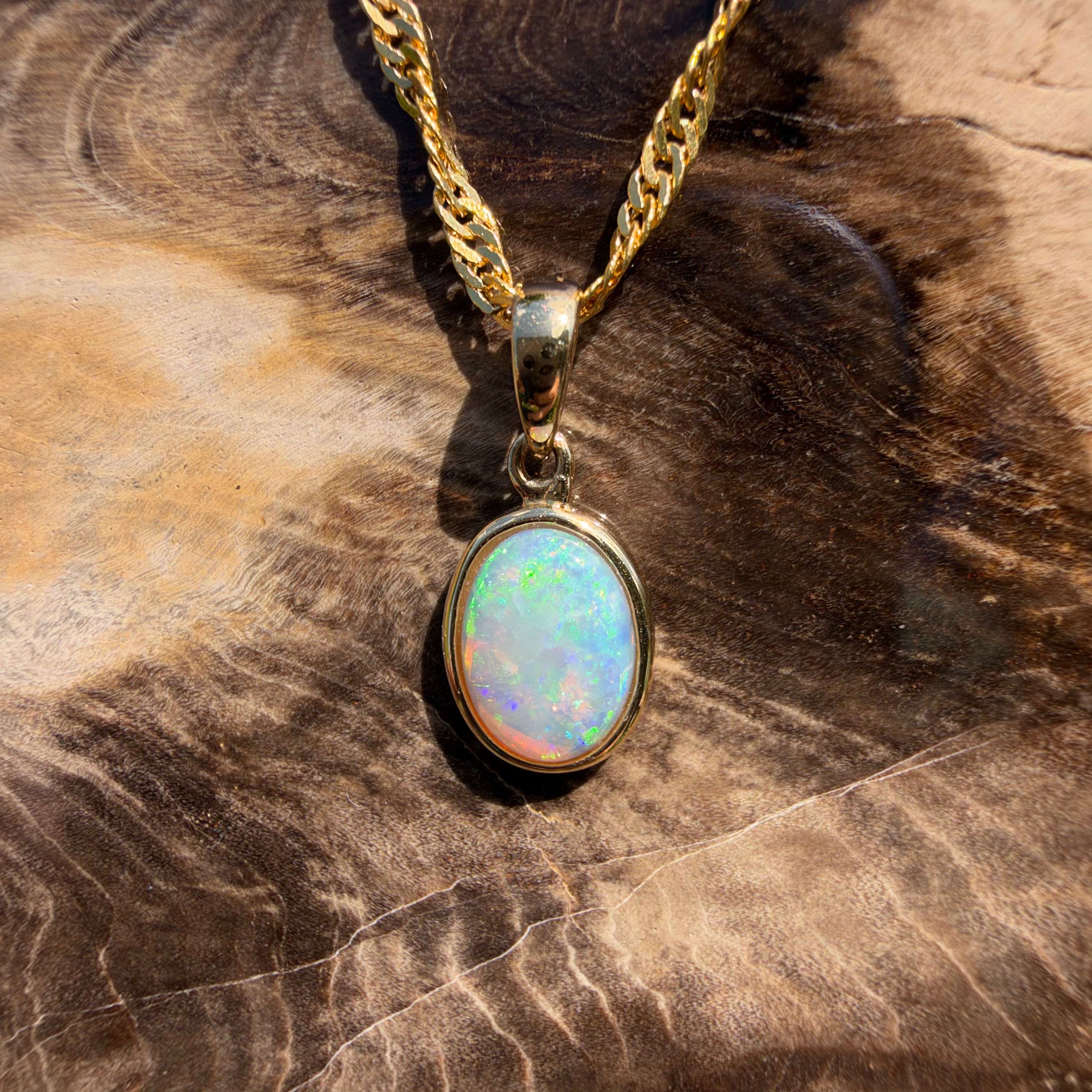 0.9ct Coober Pedy Opal Pendant Necklace ~ 'Cockle Creek Halo' | 14ct Yellow Gold | Solid Australian Opal