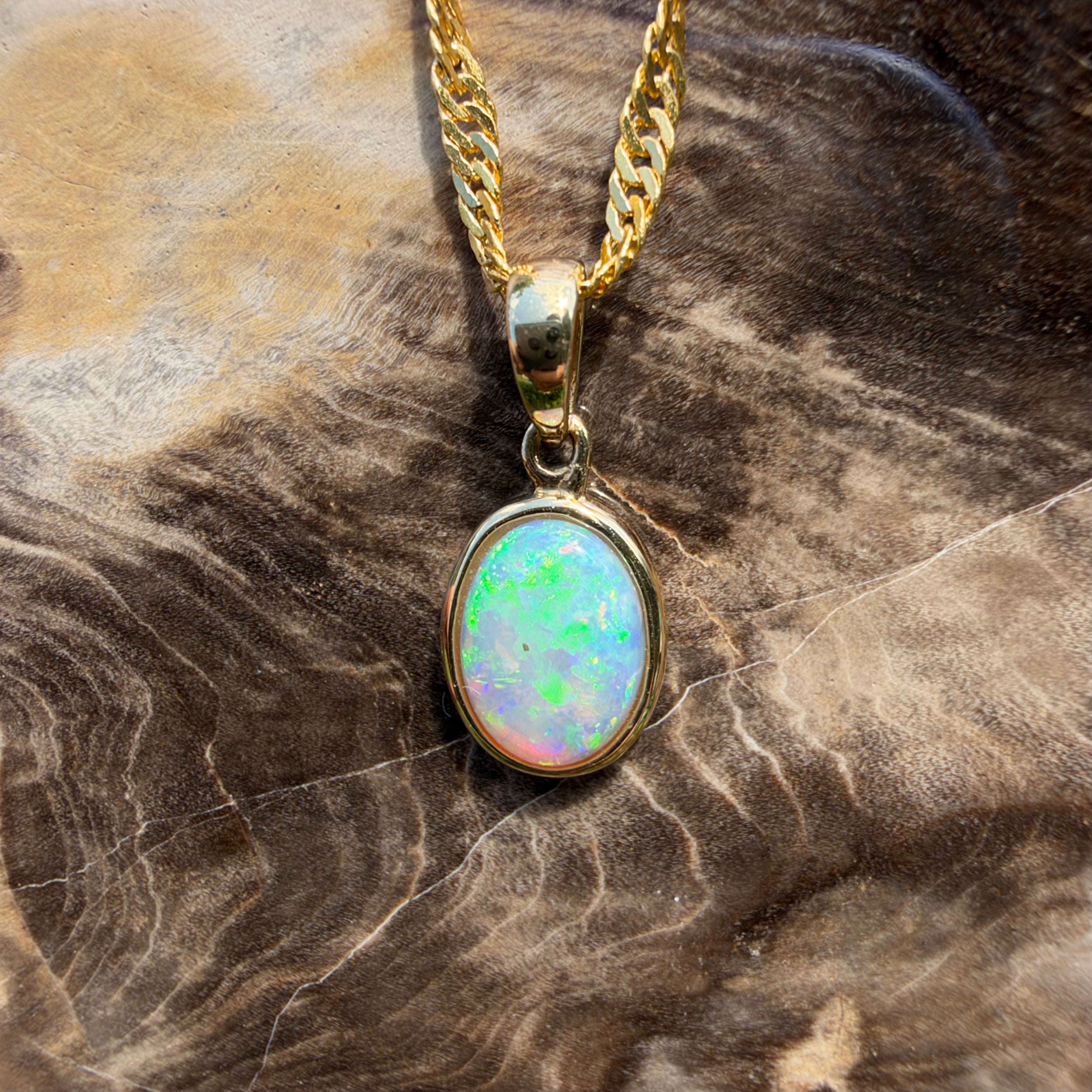 0.9ct Coober Pedy Opal Pendant Necklace ~ 'Cockle Creek Halo' | 14ct Yellow Gold | Solid Australian Opal