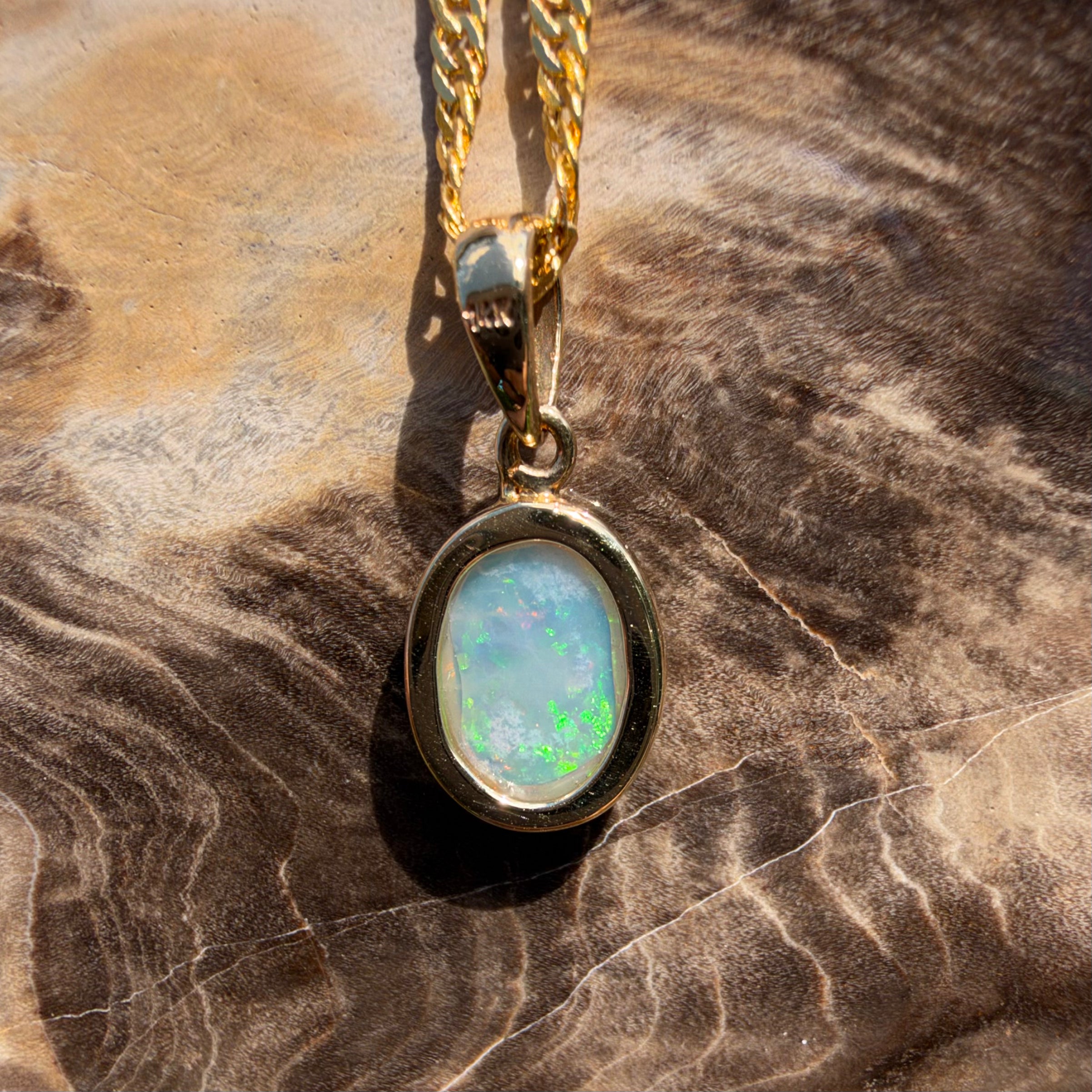 0.9ct Coober Pedy Opal Pendant Necklace ~ 'Cockle Creek Halo' | 14ct Yellow Gold | Solid Australian Opal