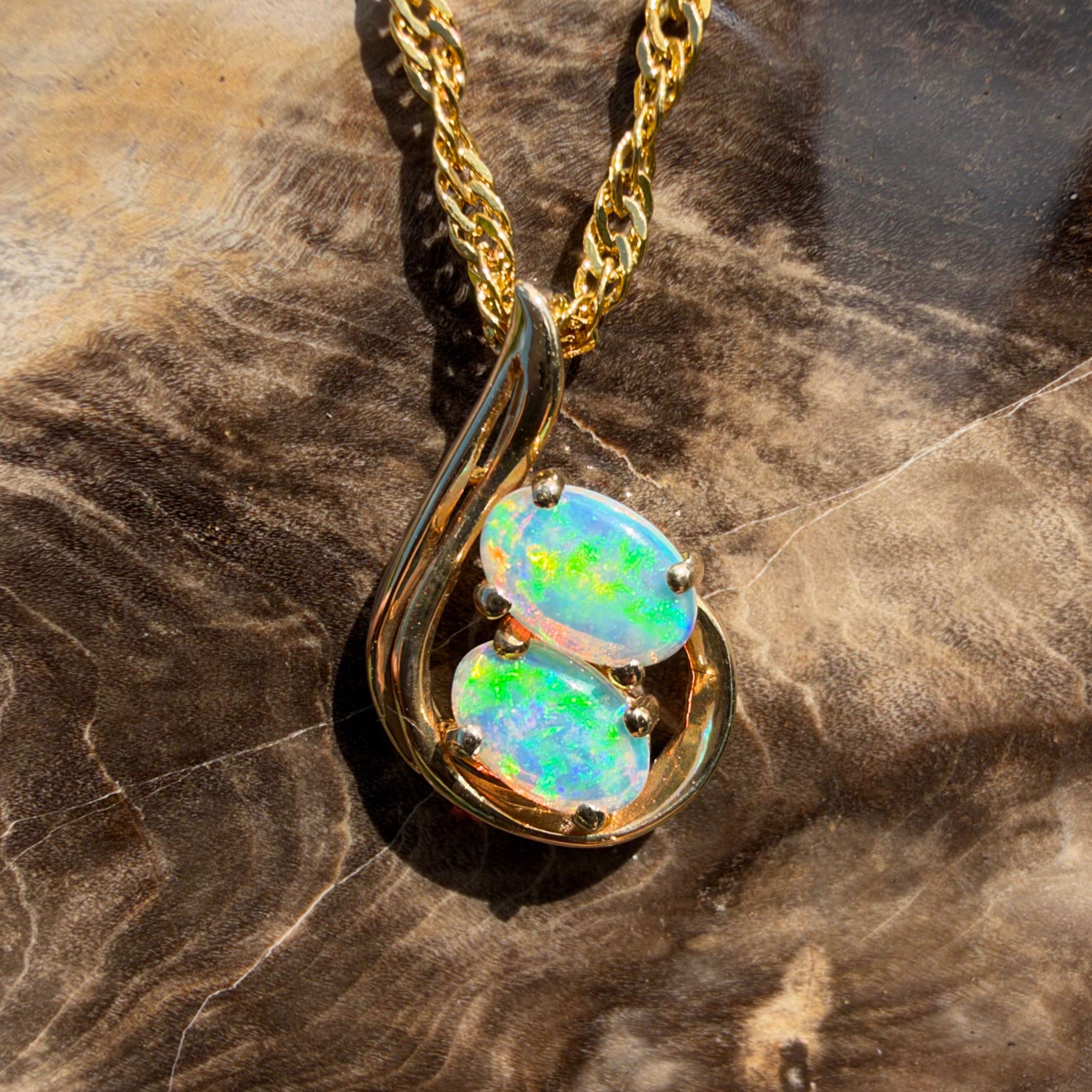 0.6ct Lightning Ridge Opal Swirl Pendant Necklace ~ 'Namadgi Ribbon' | 14ct Yellow Gold | Solid Australian Opal