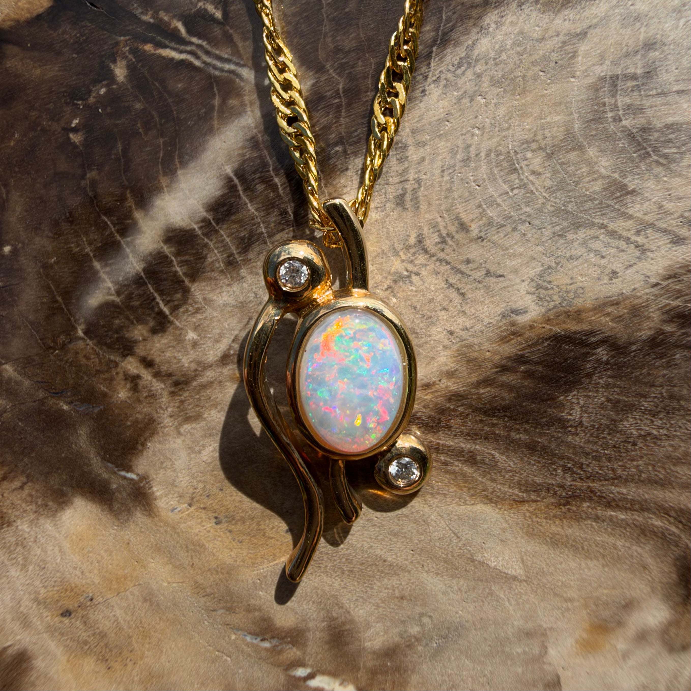 0.8ct Coober Pedy Opal & Diamond Pendant Necklace ~ 'Lady Elliot Rainbow' | 14ct Yellow Gold | Solid Australian Opal