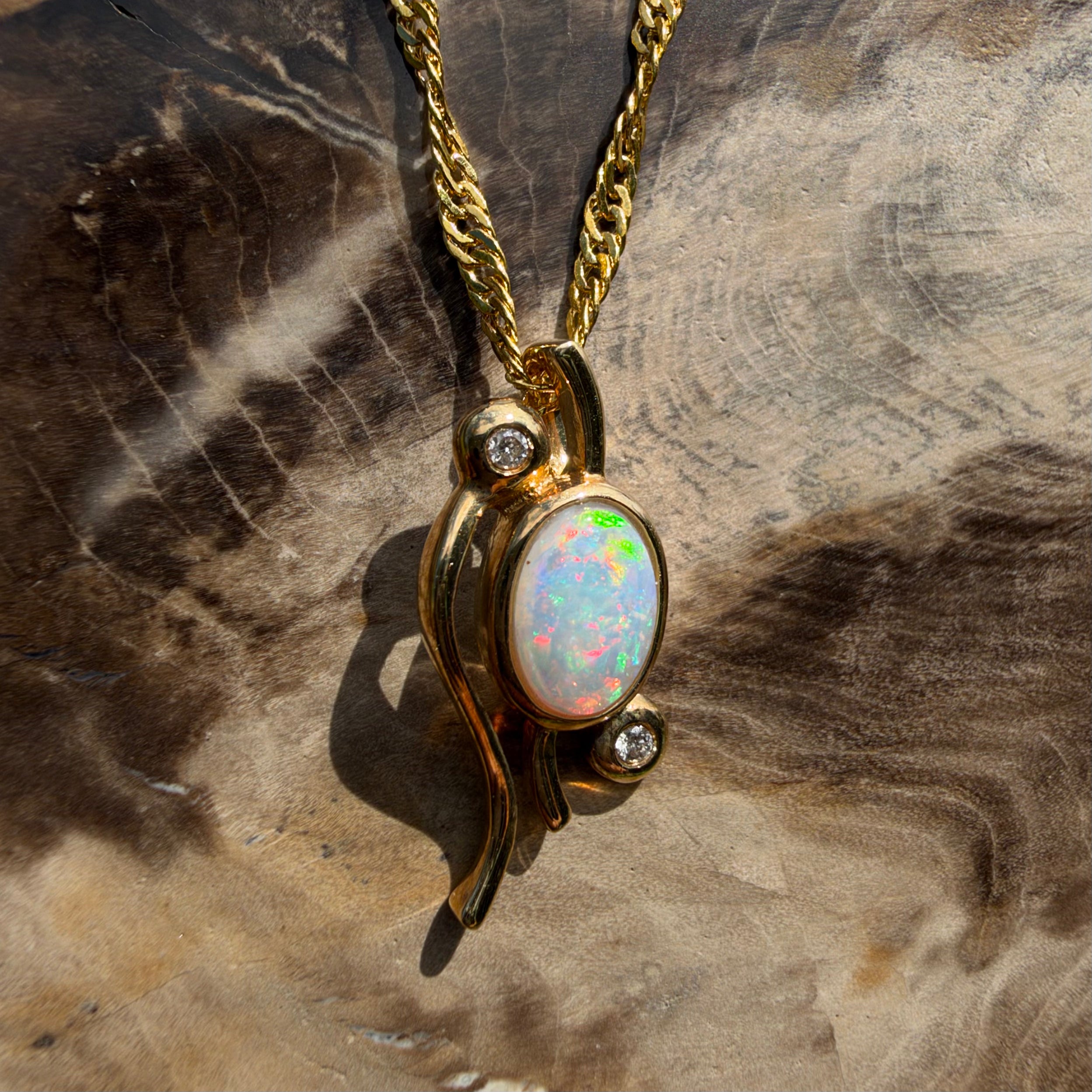 0.8ct Coober Pedy Opal & Diamond Pendant Necklace ~ 'Lady Elliot Rainbow' | 14ct Yellow Gold | Solid Australian Opal