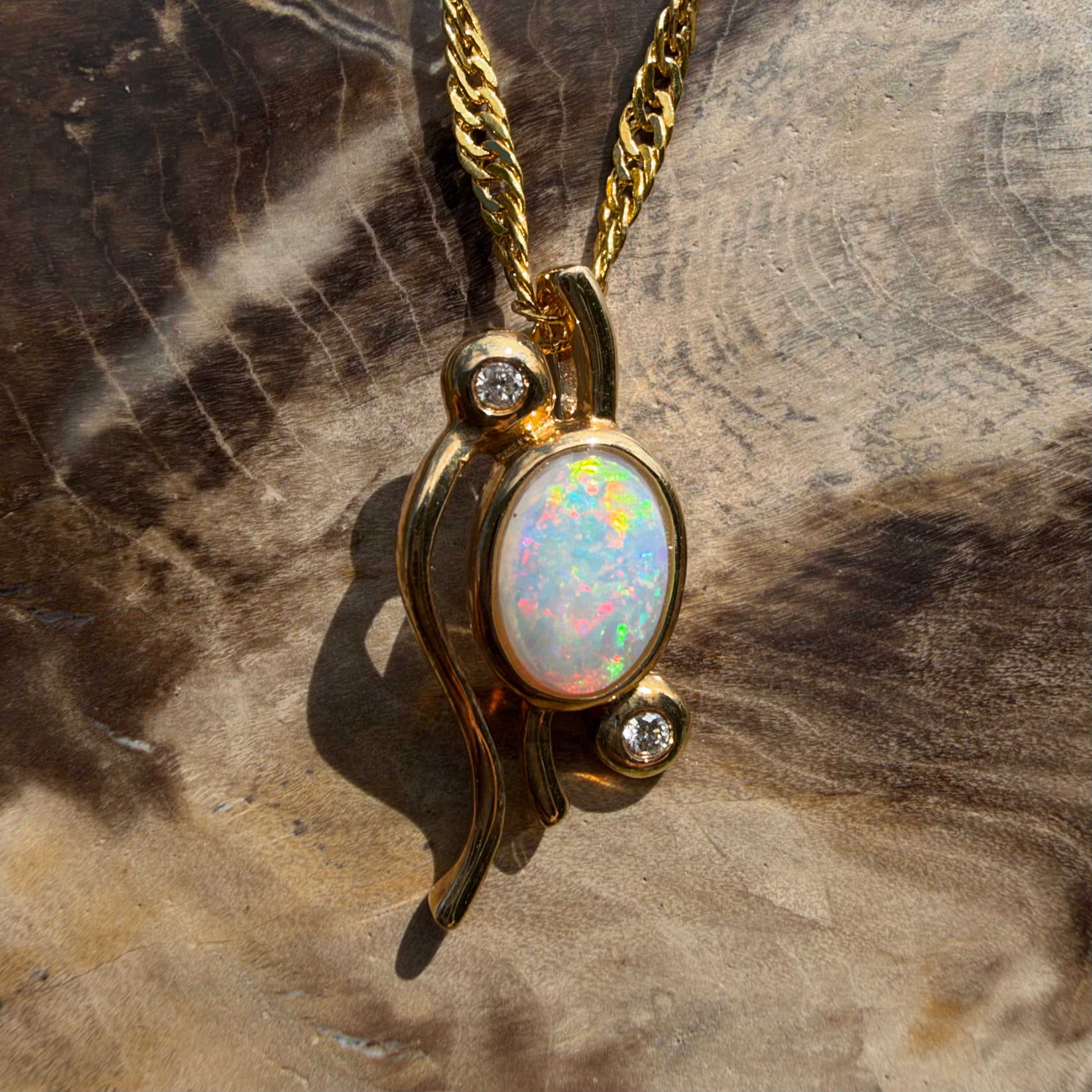 0.8ct Coober Pedy Opal & Diamond Pendant Necklace ~ 'Lady Elliot Rainbow' | 14ct Yellow Gold | Solid Australian Opal