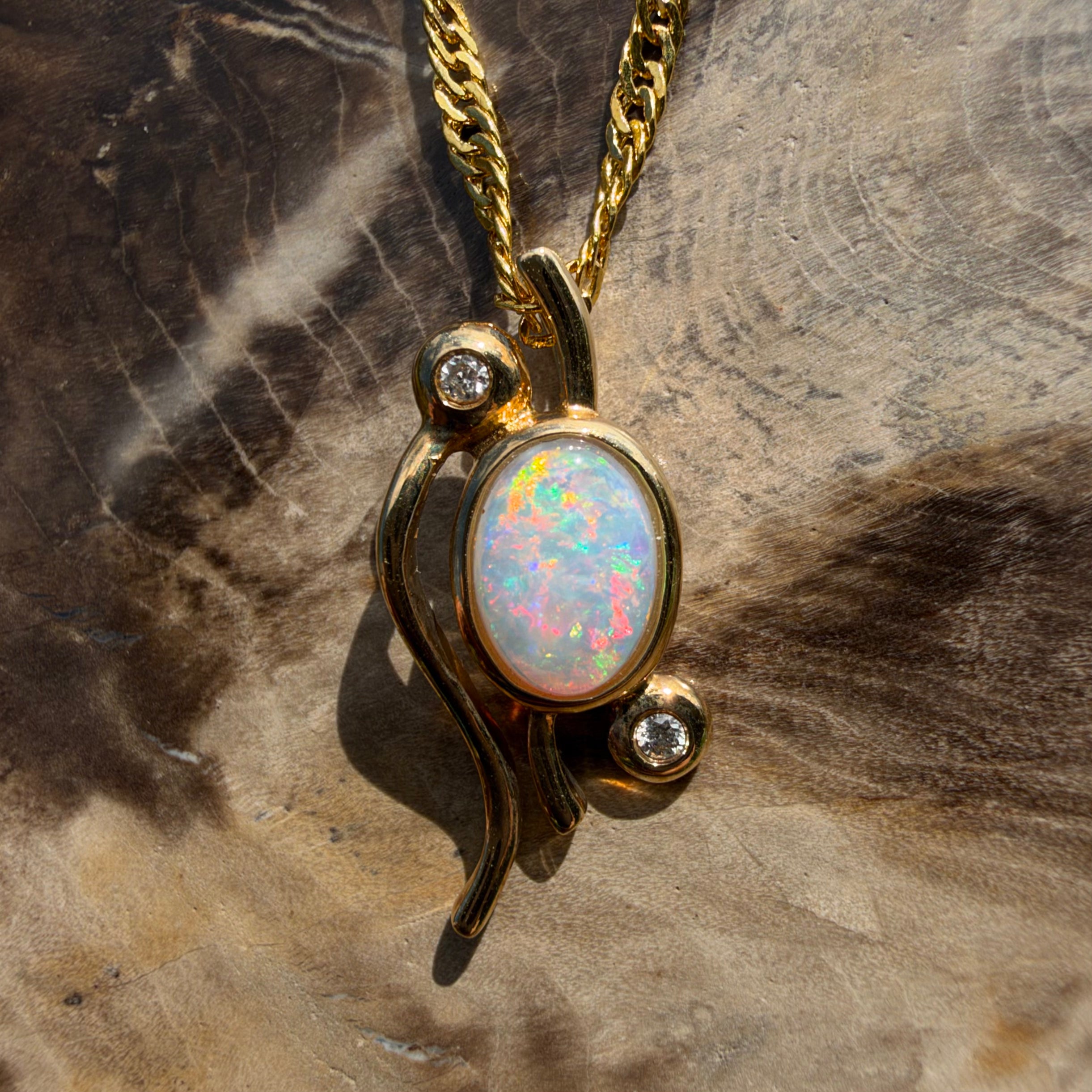 0.8ct Coober Pedy Opal & Diamond Pendant Necklace ~ 'Lady Elliot Rainbow' | 14ct Yellow Gold | Solid Australian Opal