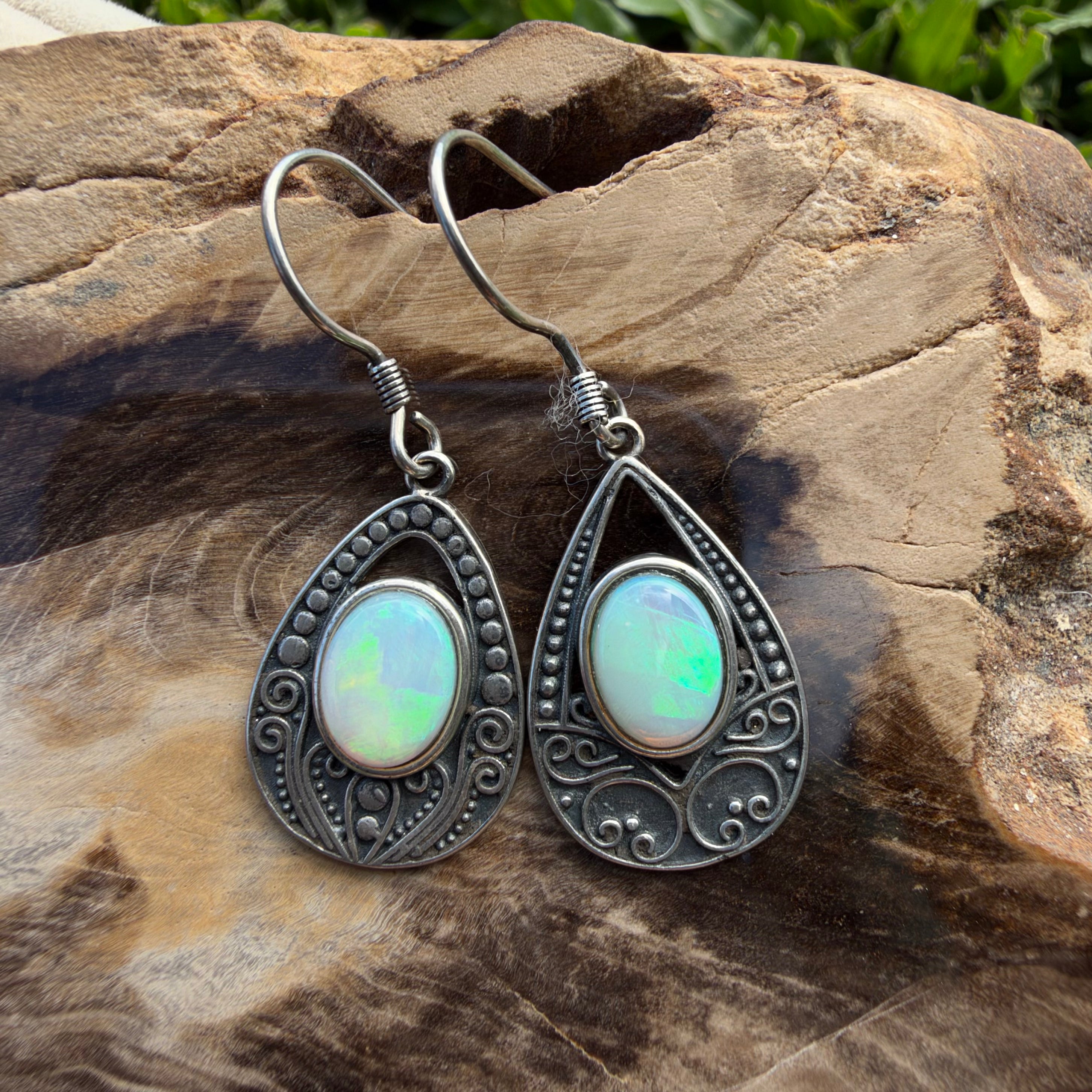 1.3ct Lightning Ridge Opal Filigree Teardrop Hook Earrings ~ 'Tilba Teardrop' | 925 Sterling Silver | Solid Australian Opal