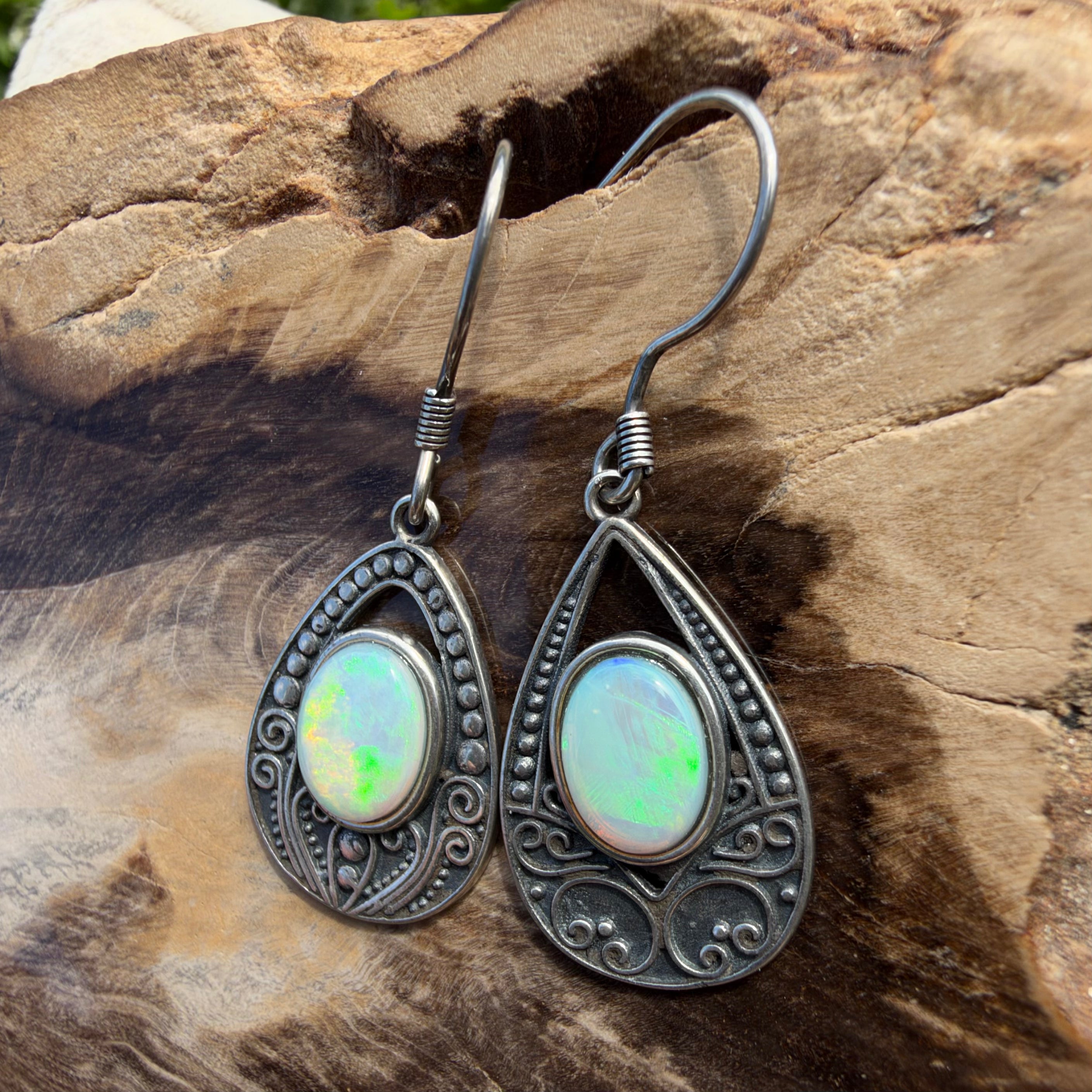 1.3ct Lightning Ridge Opal Filigree Teardrop Hook Earrings ~ 'Tilba Teardrop' | 925 Sterling Silver | Solid Australian Opal