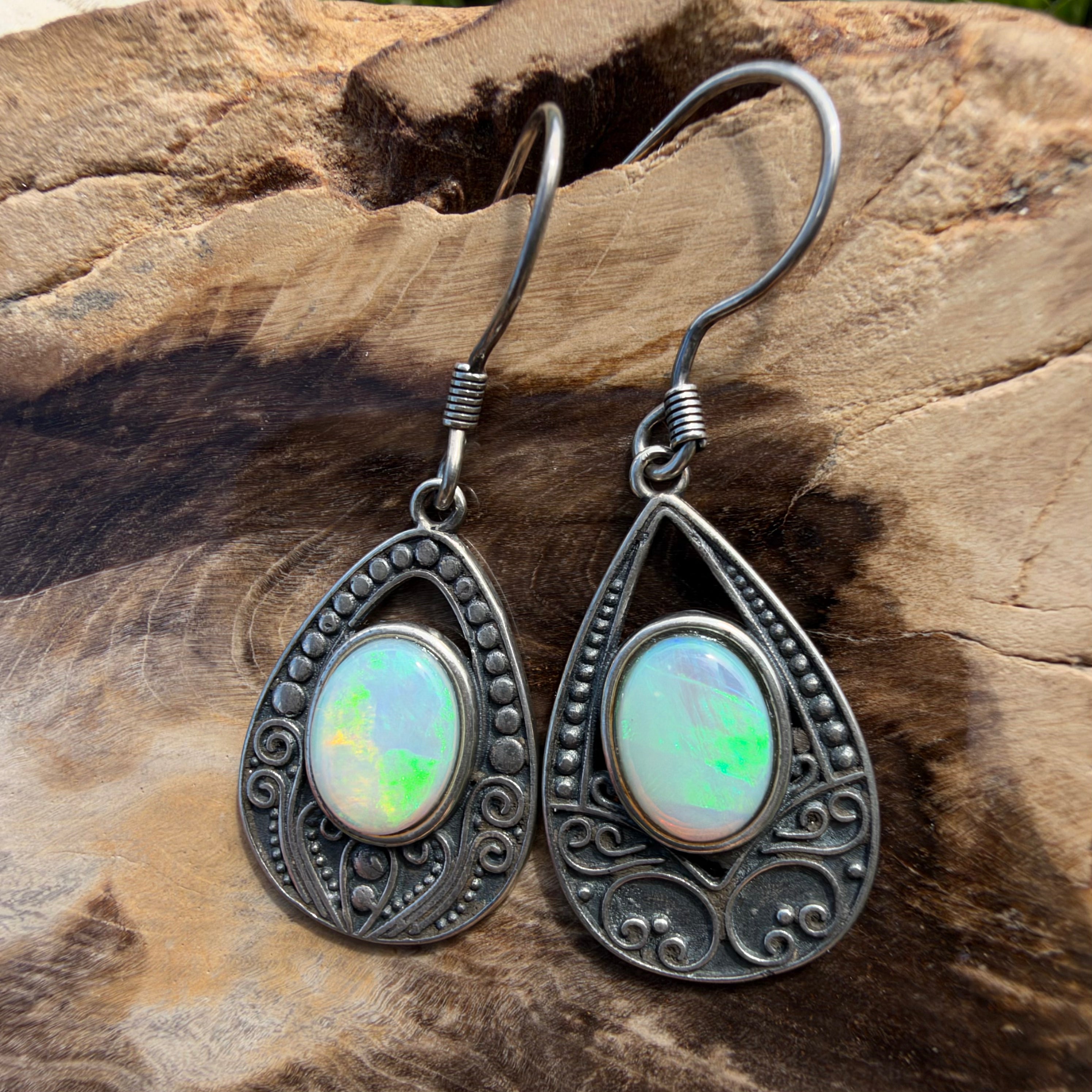 1.3ct Lightning Ridge Opal Filigree Teardrop Hook Earrings ~ 'Tilba Teardrop' | 925 Sterling Silver | Solid Australian Opal