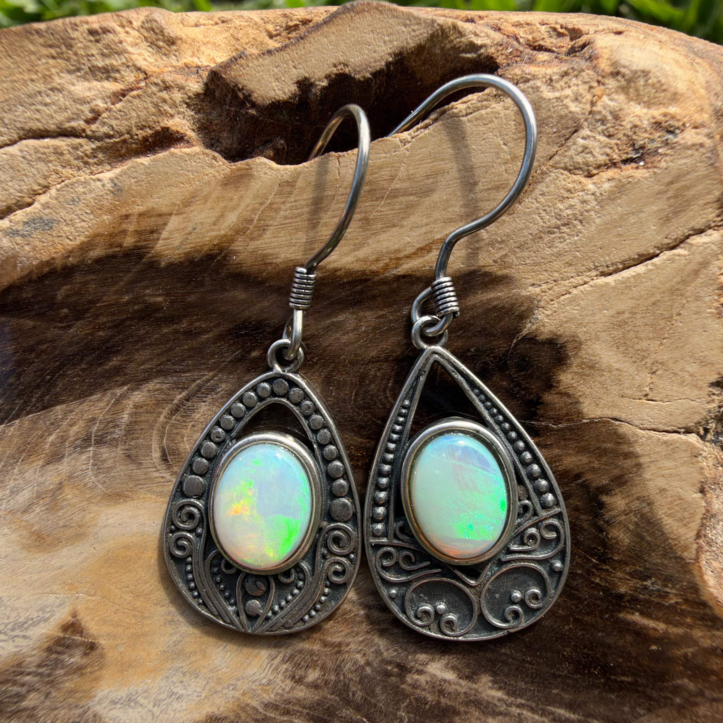 1.3ct Lightning Ridge Opal Filigree Teardrop Hook Earrings ~ 'Tilba Teardrop' | 925 Sterling Silver | Solid Australian Opal