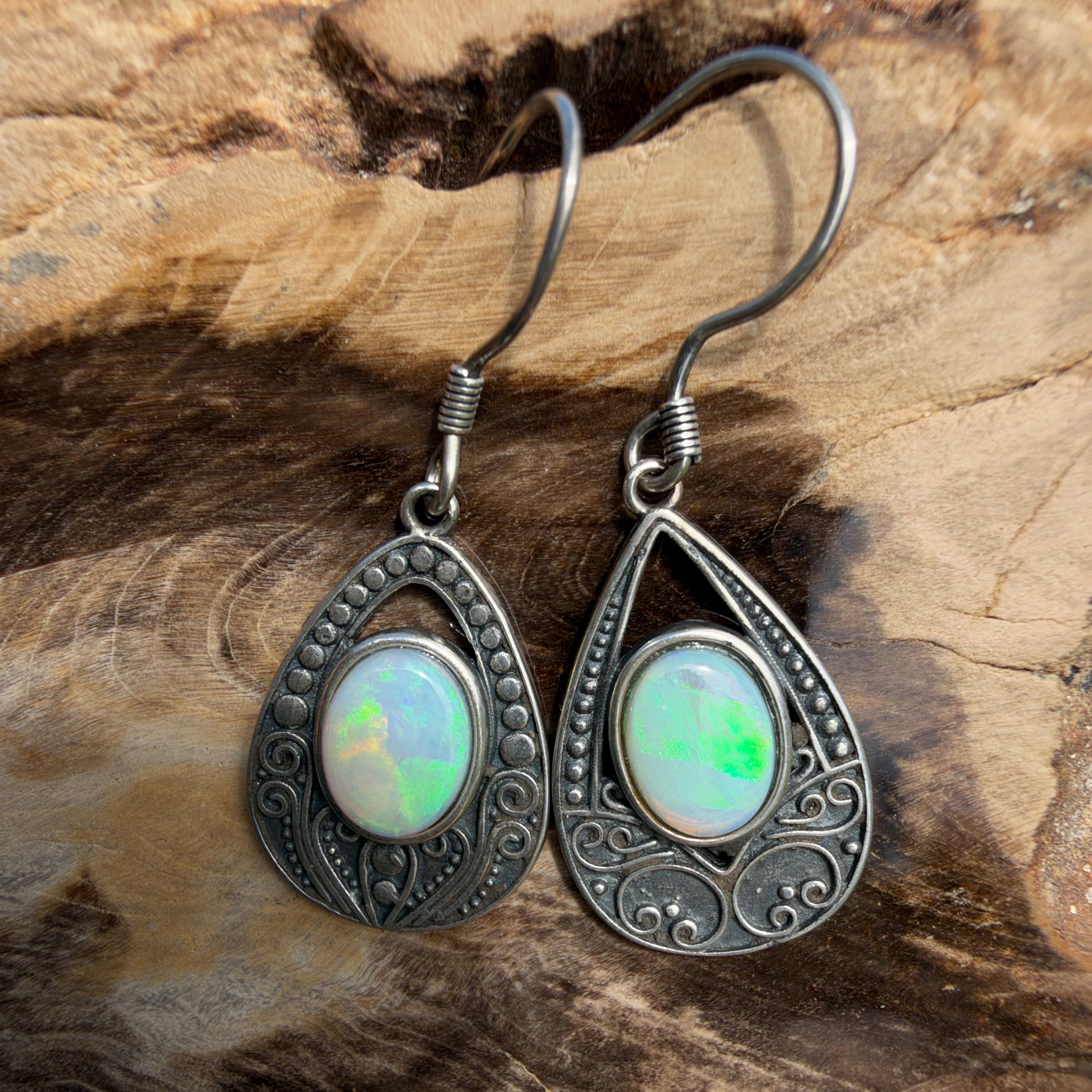 1.3ct Lightning Ridge Opal Filigree Teardrop Hook Earrings ~ 'Tilba Teardrop' | 925 Sterling Silver | Solid Australian Opal