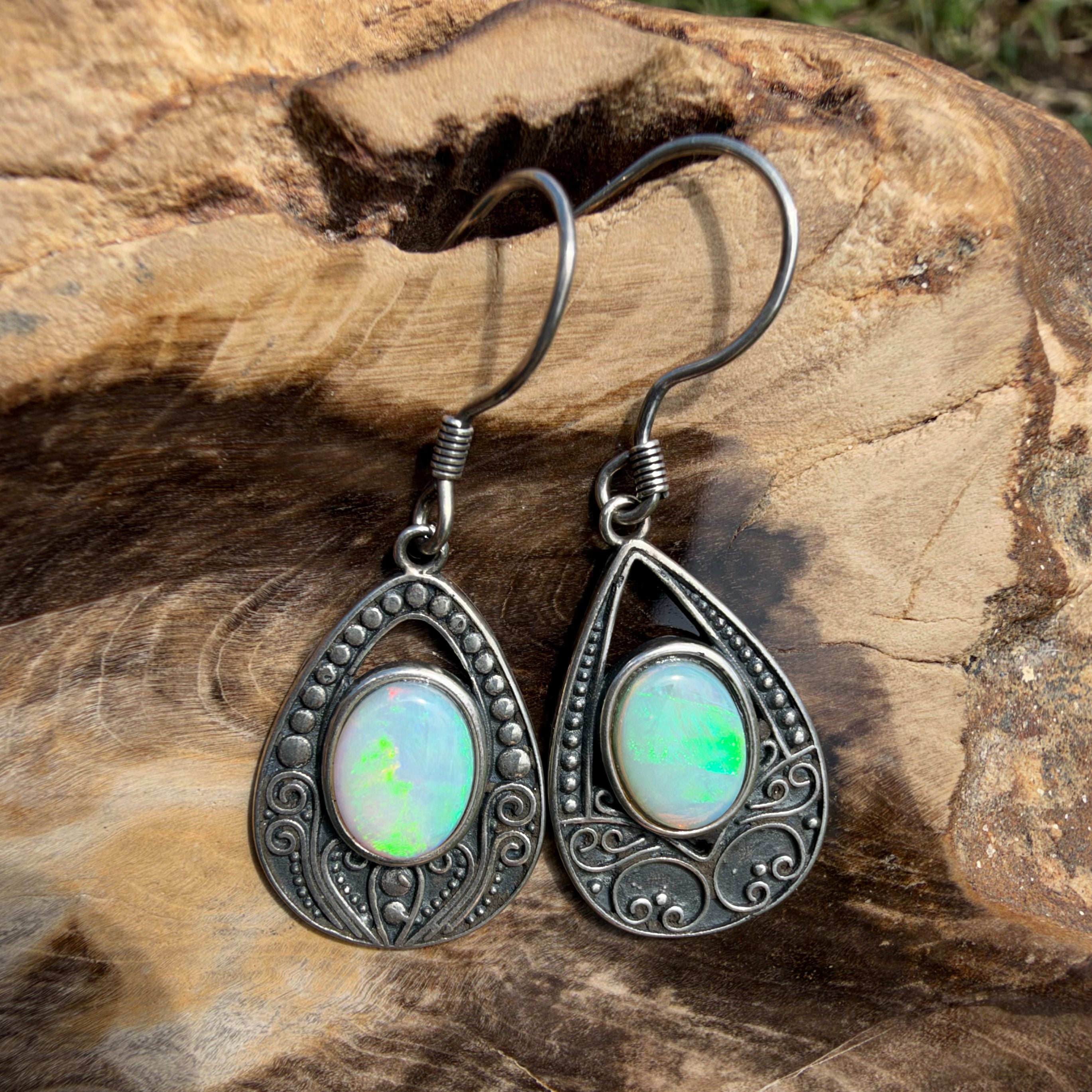 1.3ct Lightning Ridge Opal Filigree Teardrop Hook Earrings ~ 'Tilba Teardrop' | 925 Sterling Silver | Solid Australian Opal