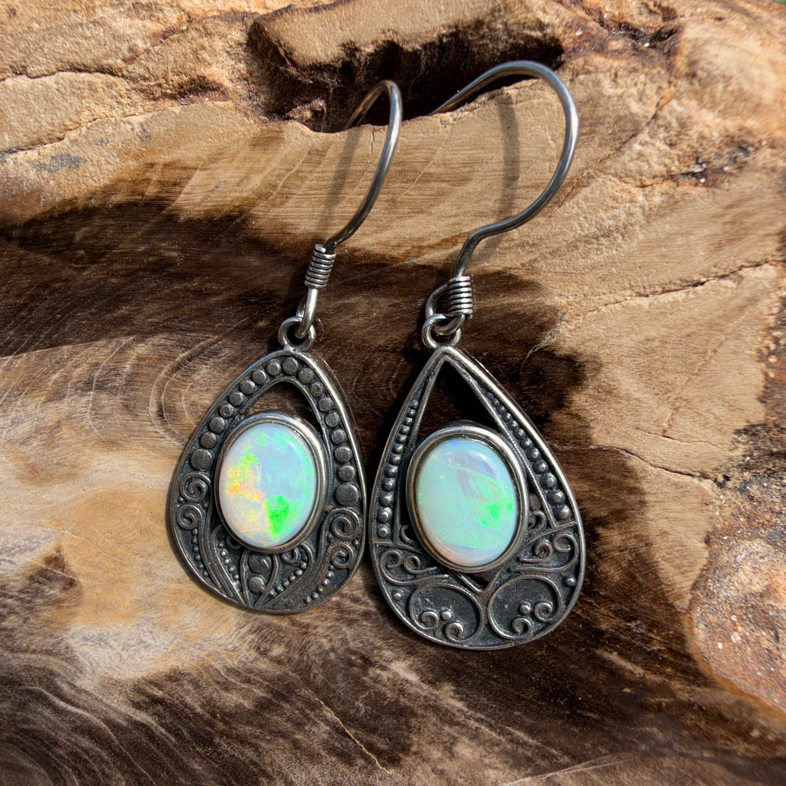 1.3ct Lightning Ridge Opal Filigree Teardrop Hook Earrings ~ 'Tilba Teardrop' | 925 Sterling Silver | Solid Australian Opal