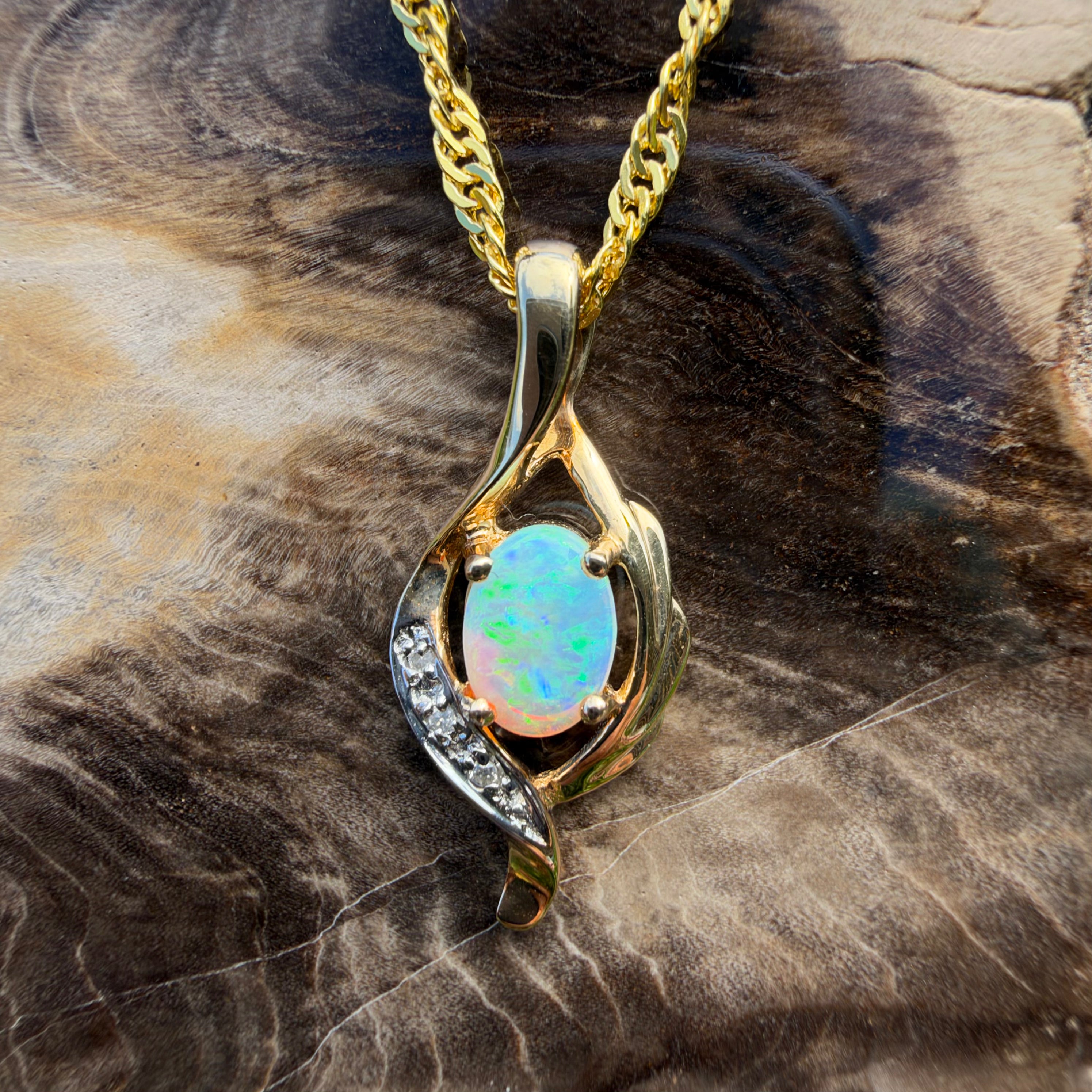 0.6ct Coober Pedy Opal & Diamond Pendant Necklace ~ 'Queenscliff Sparkle' | 14ct Yellow Gold | Solid Australian Opal
