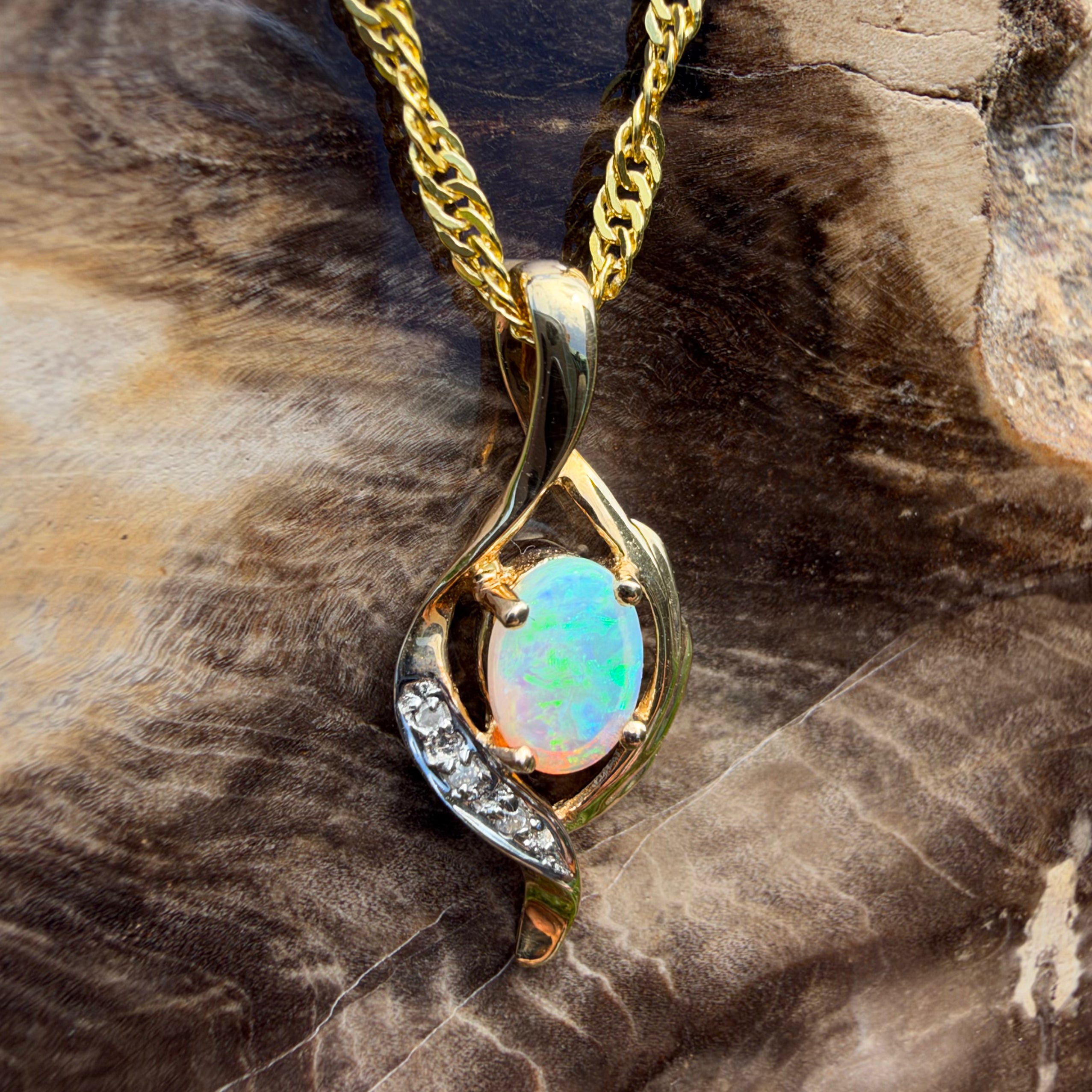 0.6ct Coober Pedy Opal & Diamond Pendant Necklace ~ 'Queenscliff Sparkle' | 14ct Yellow Gold | Solid Australian Opal