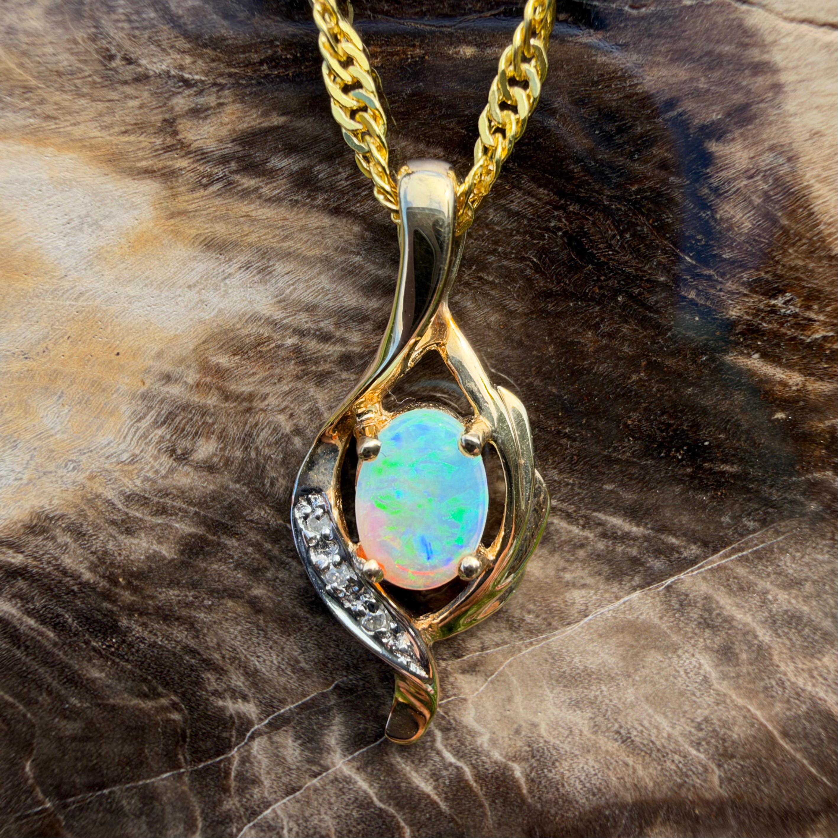 0.6ct Coober Pedy Opal & Diamond Pendant Necklace ~ 'Queenscliff Sparkle' | 14ct Yellow Gold | Solid Australian Opal
