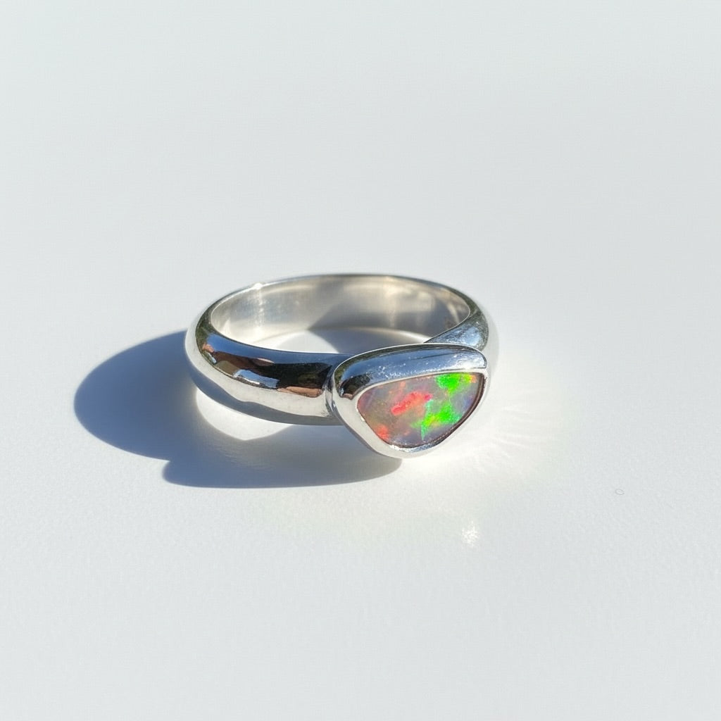 0.7ct Lightning Ridge Semi Black Opal Ring ~ 'Kangaroo Isle Spectrum' | 925 Sterling Silver | Solid Australian Opal