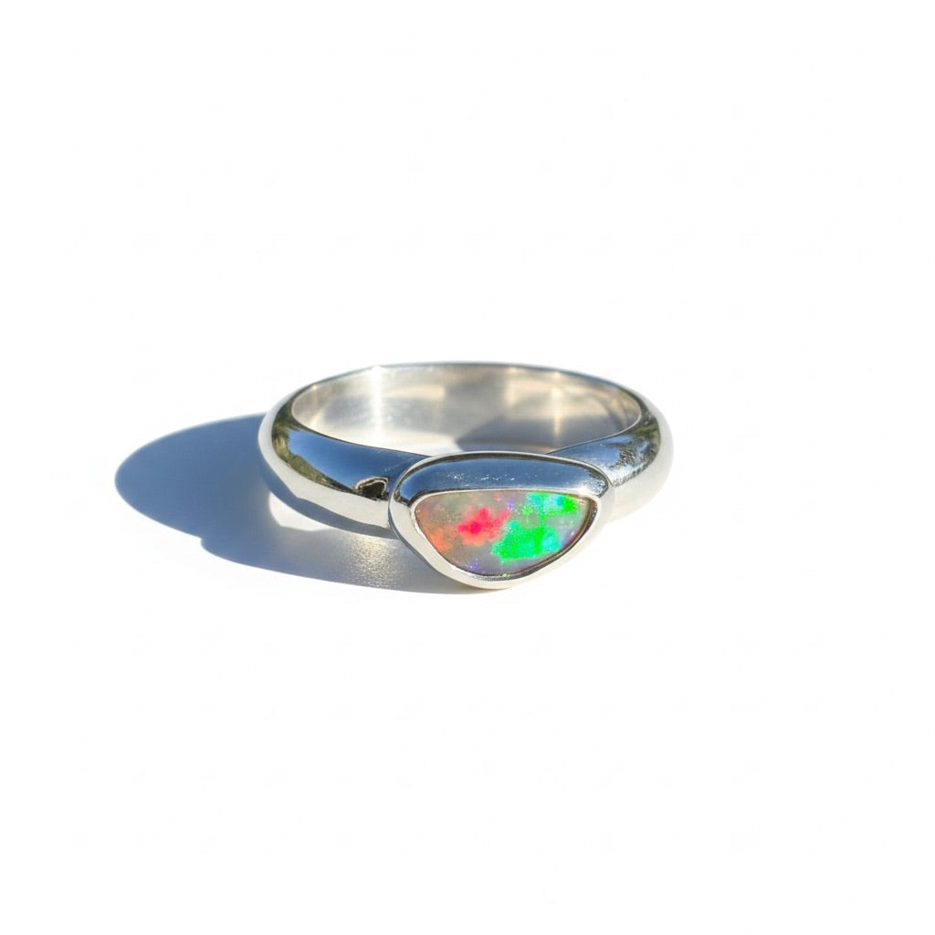 0.7ct Lightning Ridge Semi Black Opal Ring ~ 'Kangaroo Isle Spectrum' | 925 Sterling Silver | Solid Australian Opal