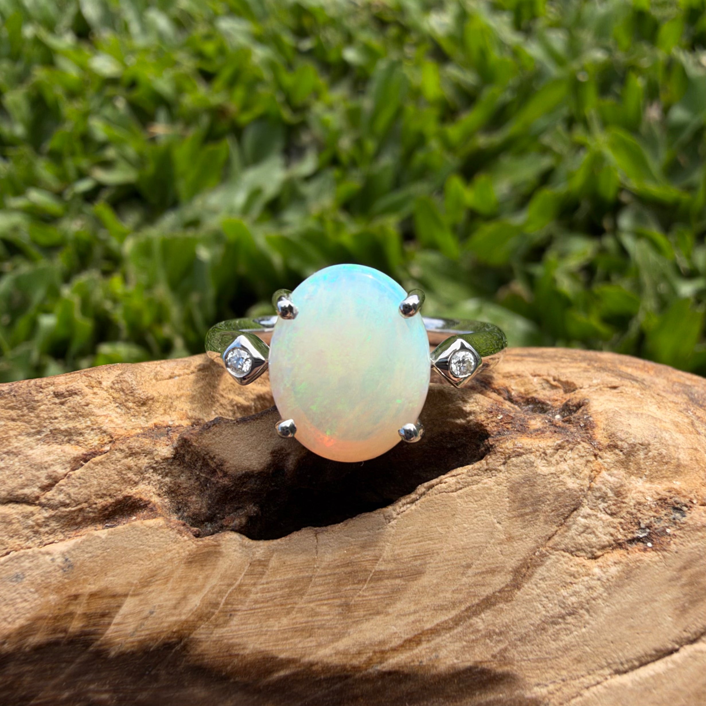 2.7ct Coober Pedy Opal & Diamond Ring ~ 'Whitehaven Shallows' | 925 Sterling Silver | Solid Australian Opal