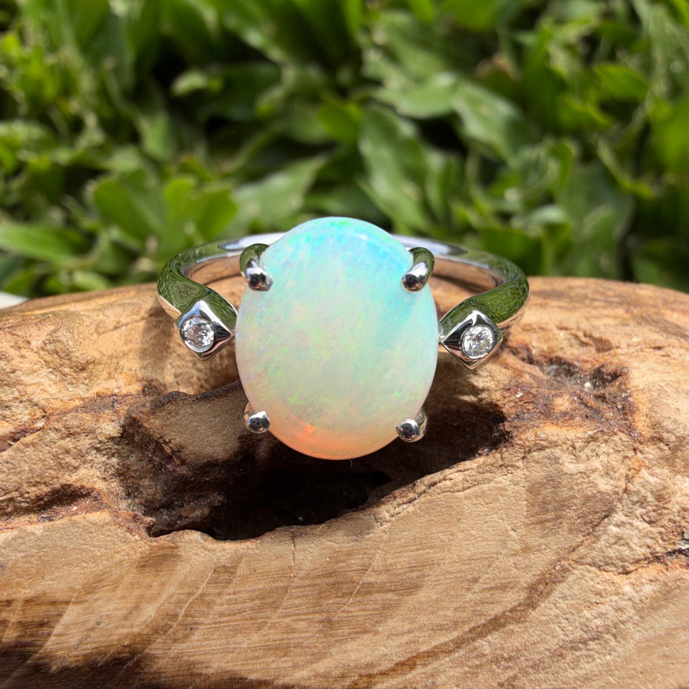 2.7ct Coober Pedy Opal & Diamond Ring ~ 'Whitehaven Shallows' | 925 Sterling Silver | Solid Australian Opal