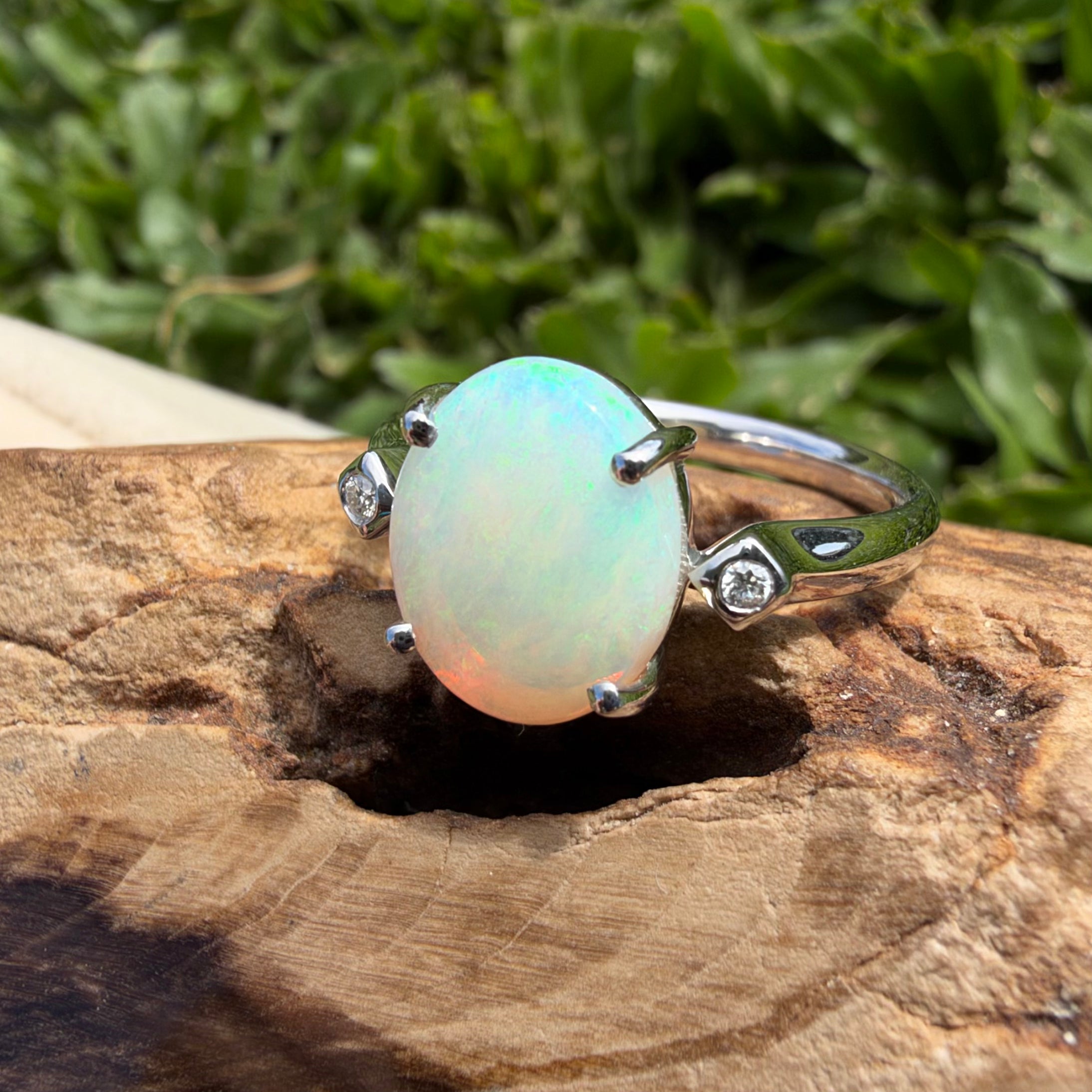 2.7ct Coober Pedy Opal & Diamond Ring ~ 'Whitehaven Shallows' | 925 Sterling Silver | Solid Australian Opal