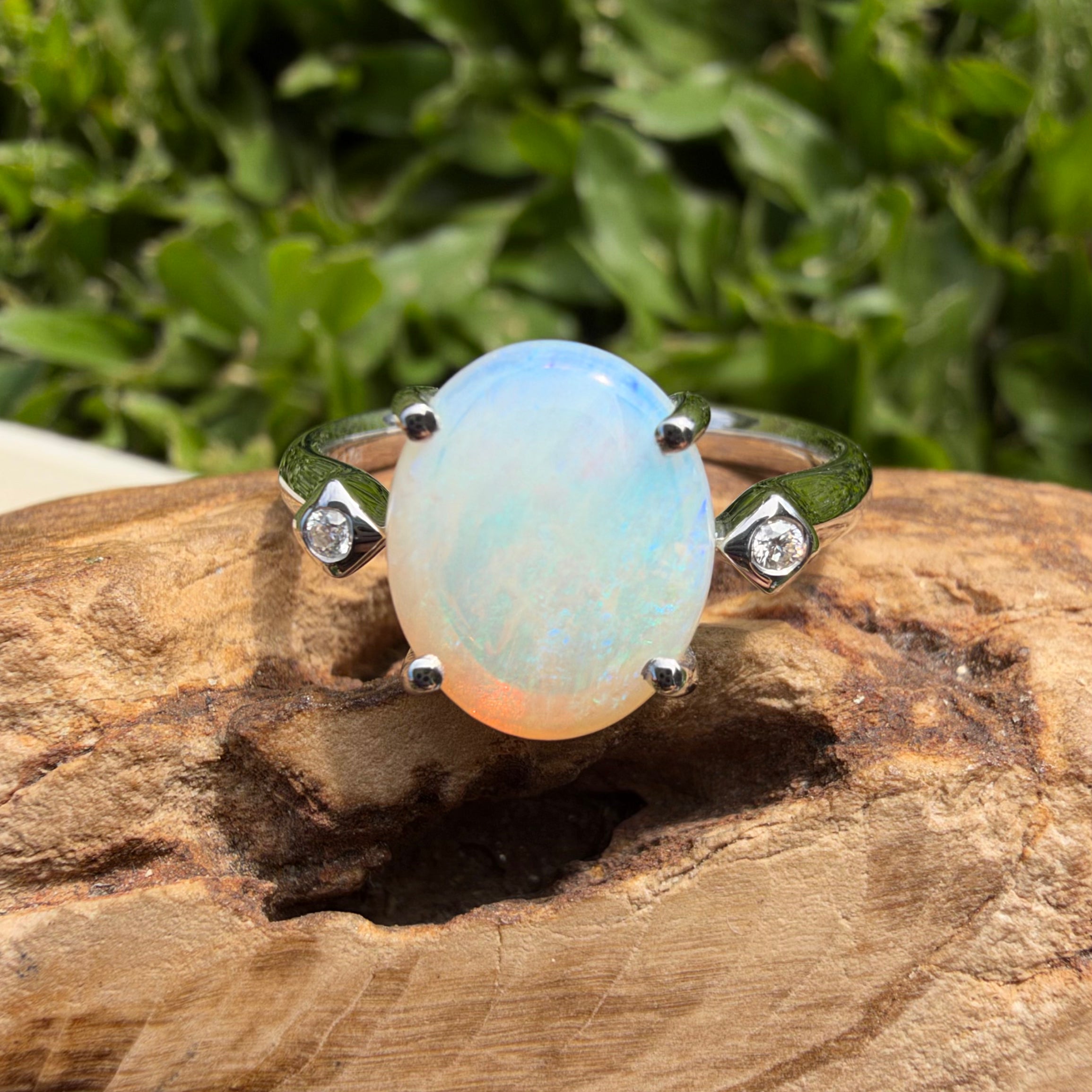2.7ct Coober Pedy Opal & Diamond Ring ~ 'Whitehaven Shallows' | 925 Sterling Silver | Solid Australian Opal