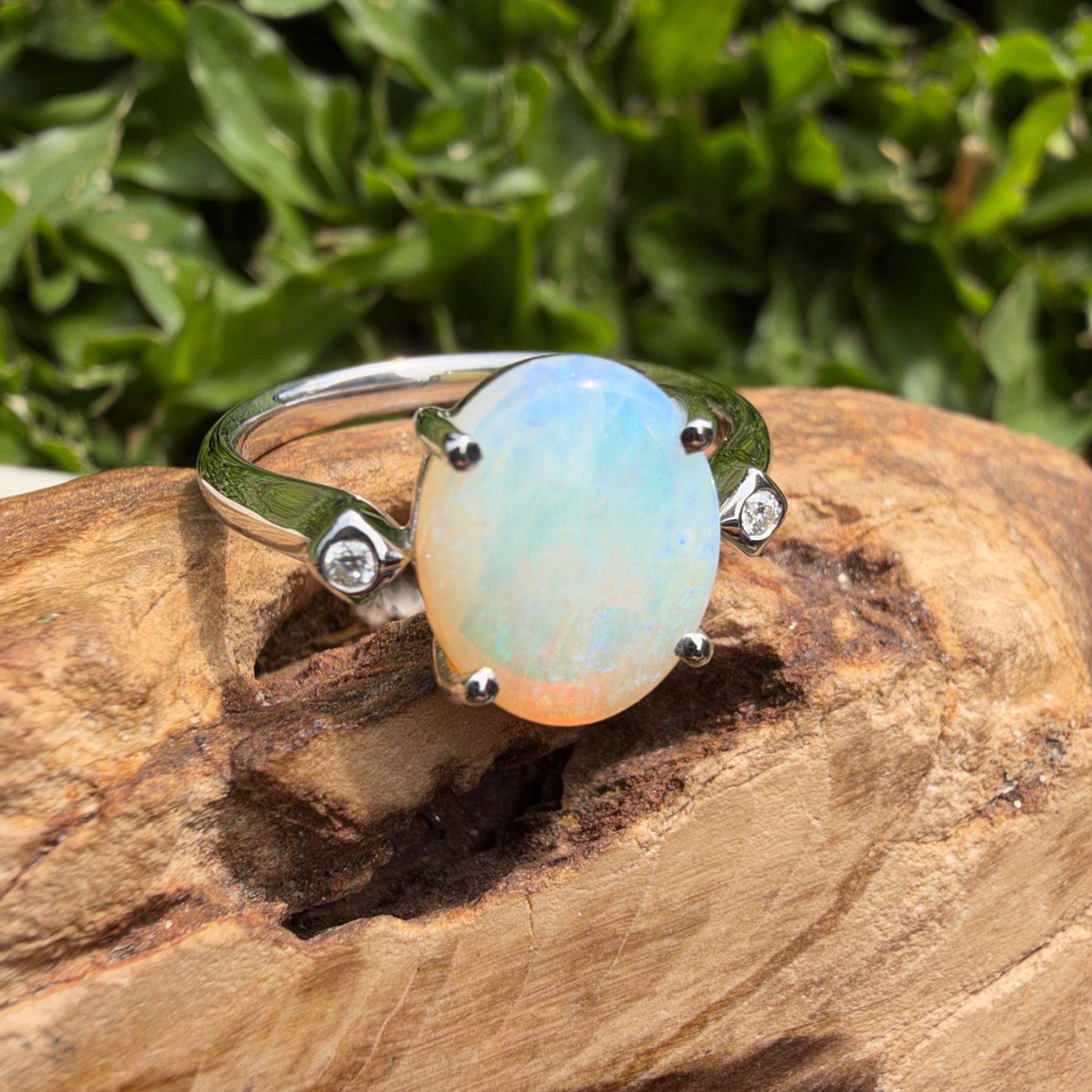 2.7ct Coober Pedy Opal & Diamond Ring ~ 'Whitehaven Shallows' | 925 Sterling Silver | Solid Australian Opal