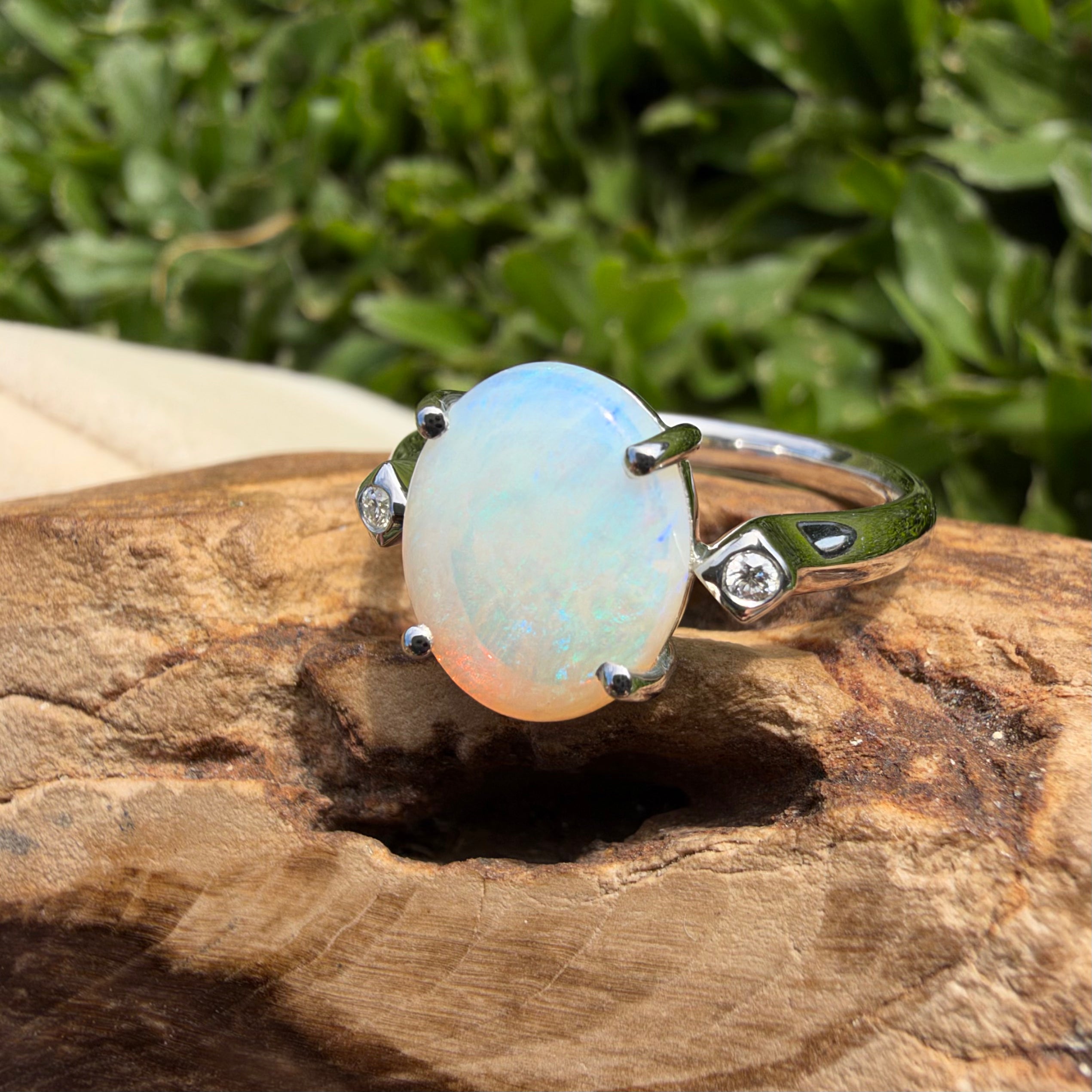 2.7ct Coober Pedy Opal & Diamond Ring ~ 'Whitehaven Shallows' | 925 Sterling Silver | Solid Australian Opal