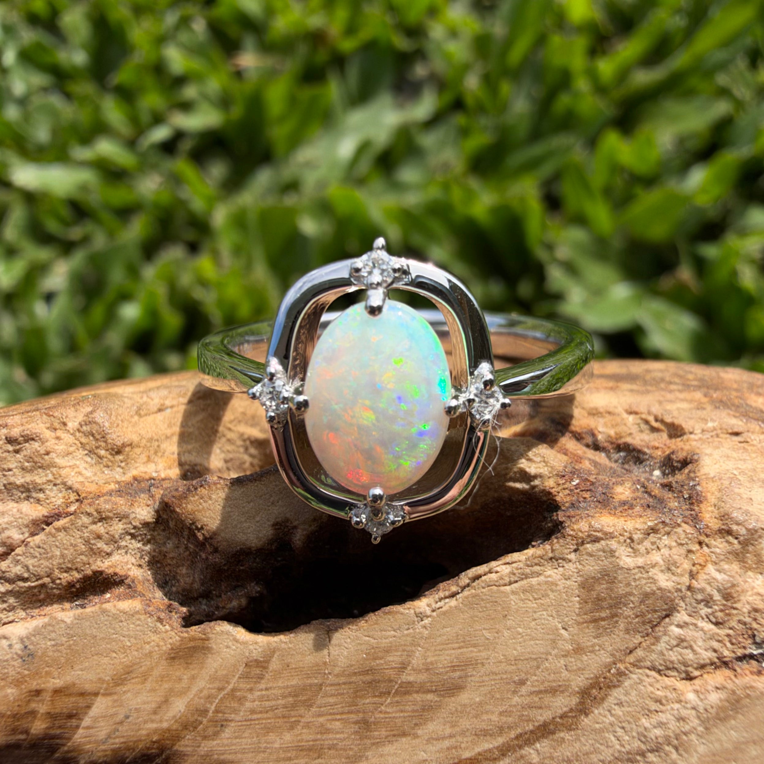 0.9ct Coober Pedy Opal & Diamond Ring ~ 'Lake Eyre Saltglow' | 925 Sterling Silver | Solid Australian Opal