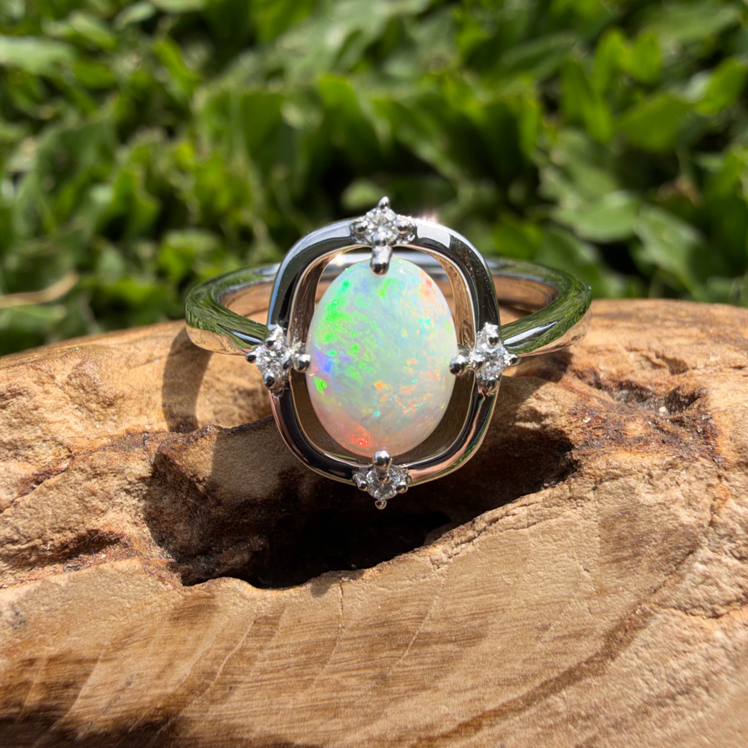 0.9ct Coober Pedy Opal & Diamond Ring ~ 'Lake Eyre Saltglow' | 925 Sterling Silver | Solid Australian Opal