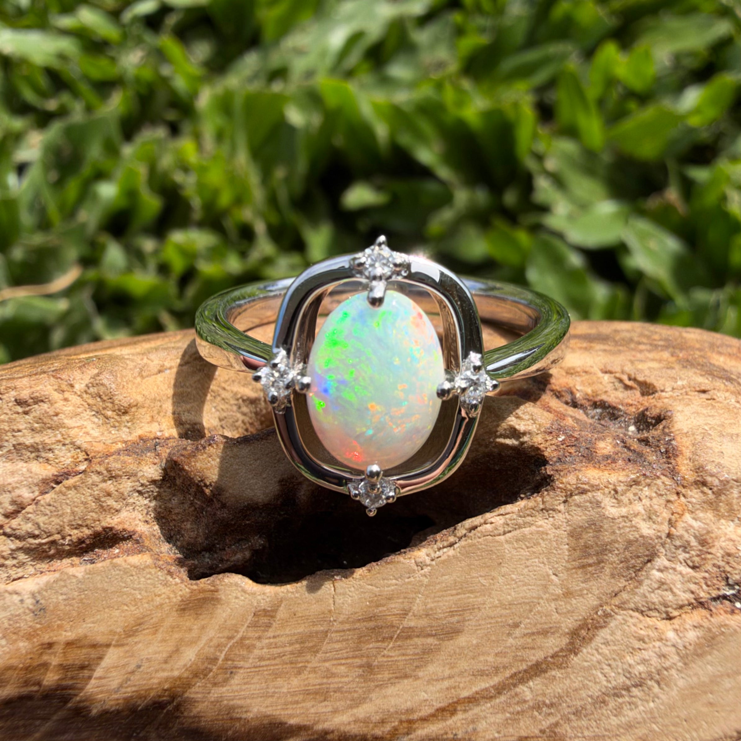 0.9ct Coober Pedy Opal & Diamond Ring ~ 'Lake Eyre Saltglow' | 925 Sterling Silver | Solid Australian Opal
