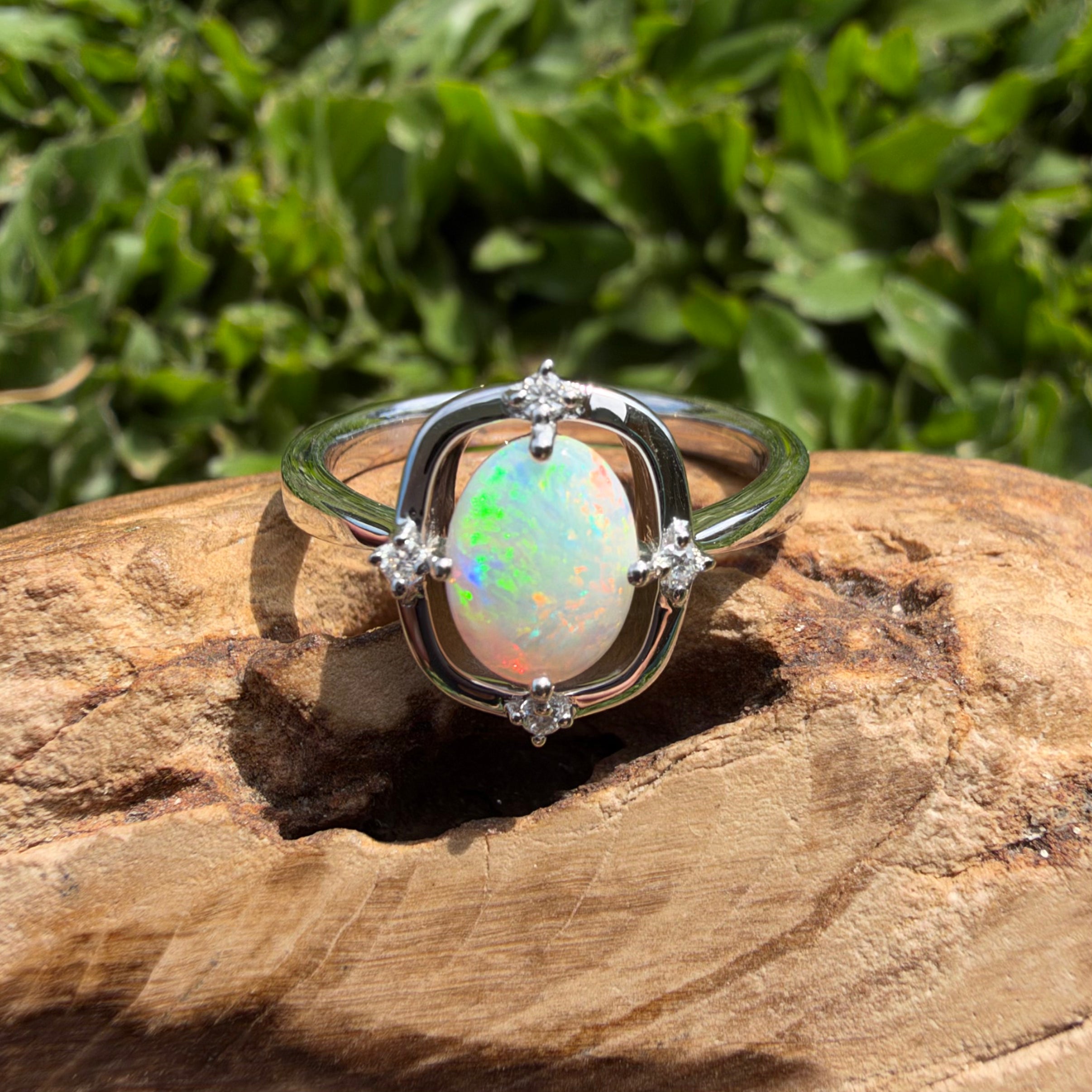 0.9ct Coober Pedy Opal & Diamond Ring ~ 'Lake Eyre Saltglow' | 925 Sterling Silver | Solid Australian Opal