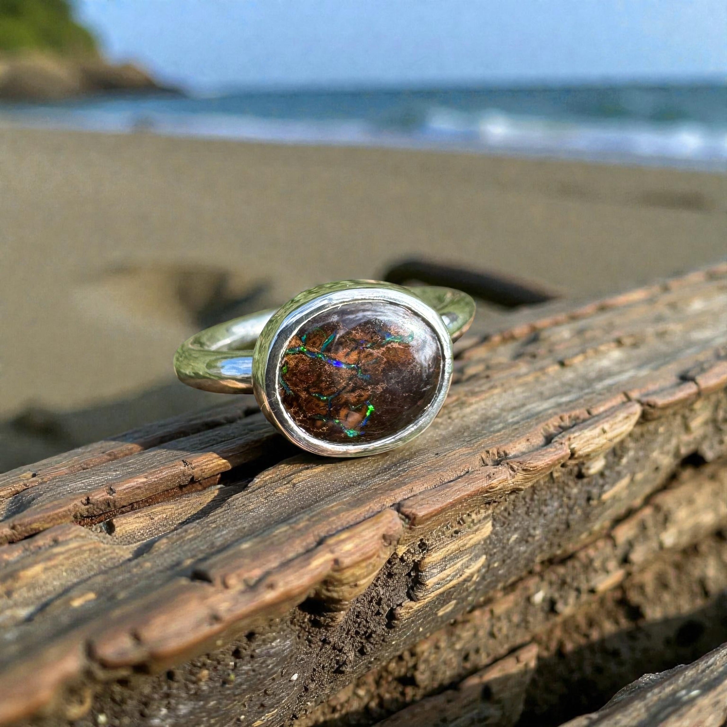 4.3ct Solid Queensland Boulder Opal Ring 'Shimmery Simpson Plains' | 925 Sterling Silver | Solid Australian Opal