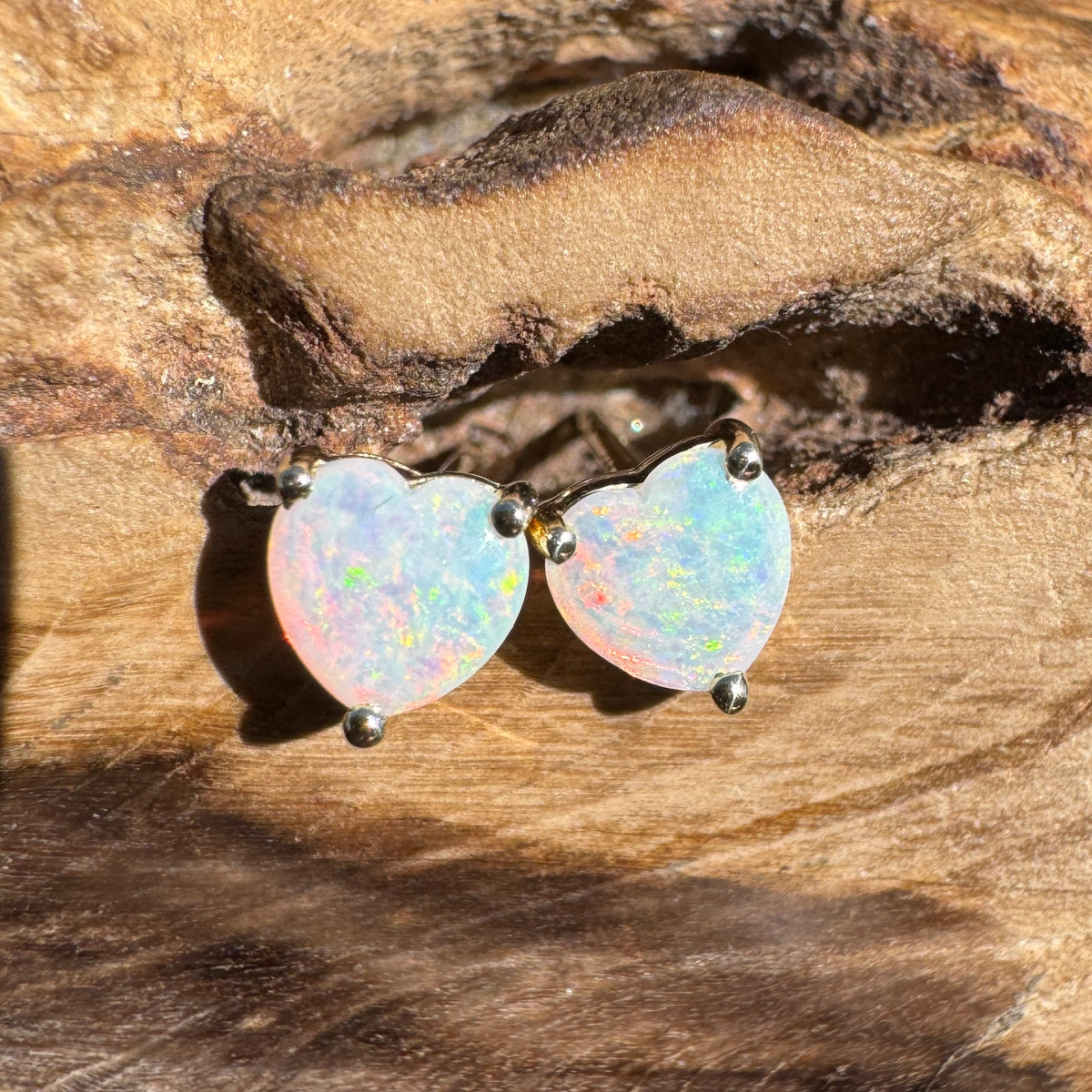 0.5ct Coober Pedy Opal Stud Earrings ~ 'Hinchinbrook Firelight' | 9ct Yellow Gold | Solid Australian Opal