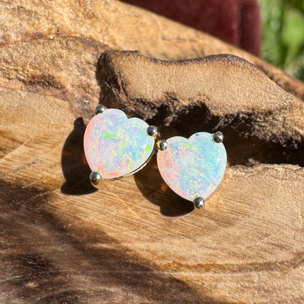 0.5ct Coober Pedy Opal Stud Earrings ~ 'Hinchinbrook Firelight' | 9ct Yellow Gold | Solid Australian Opal
