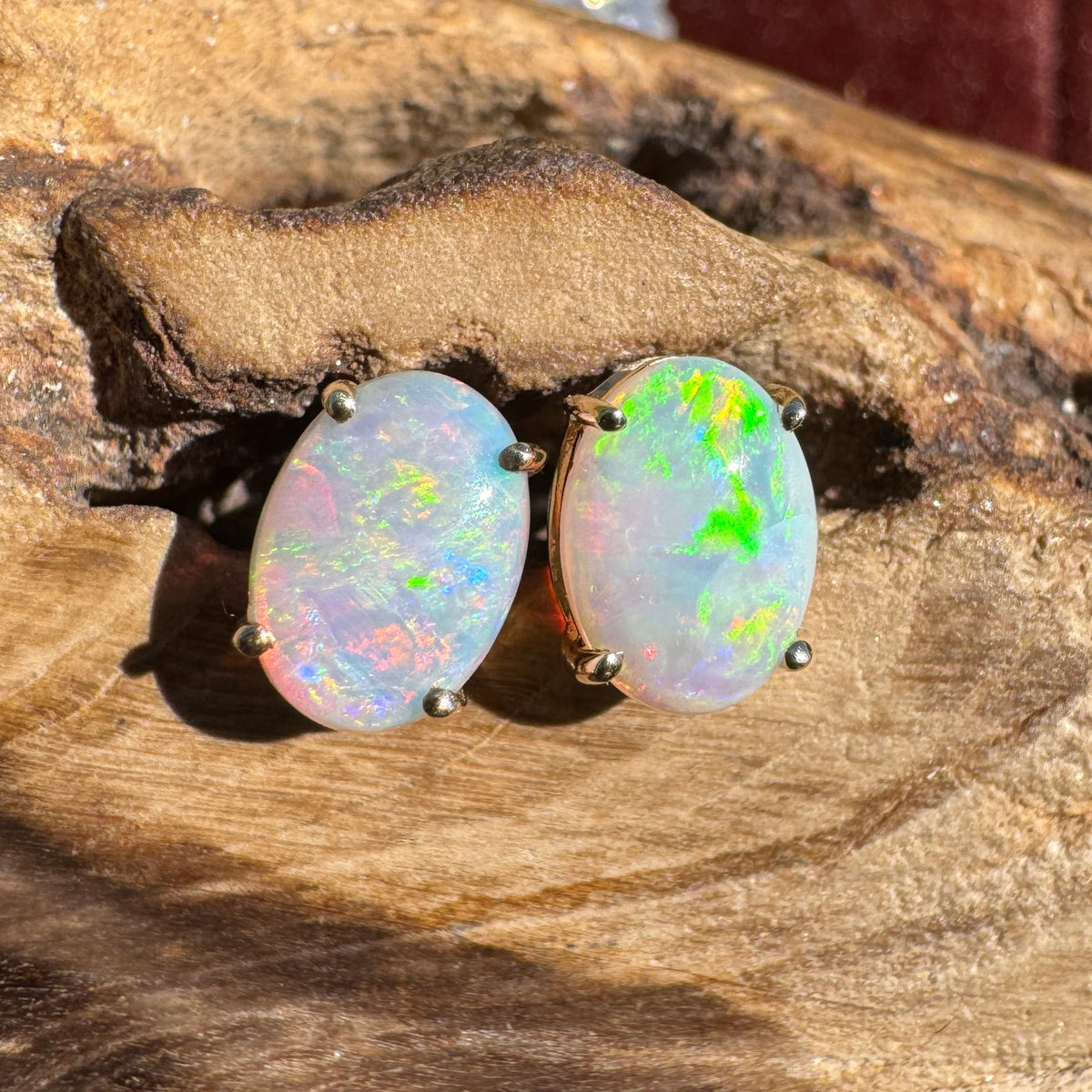1.2ct Coober Pedy Opal Stud Earrings ~ 'Warrumbungle Spectrum' | 14ct Yellow Gold | Solid Australian Opal