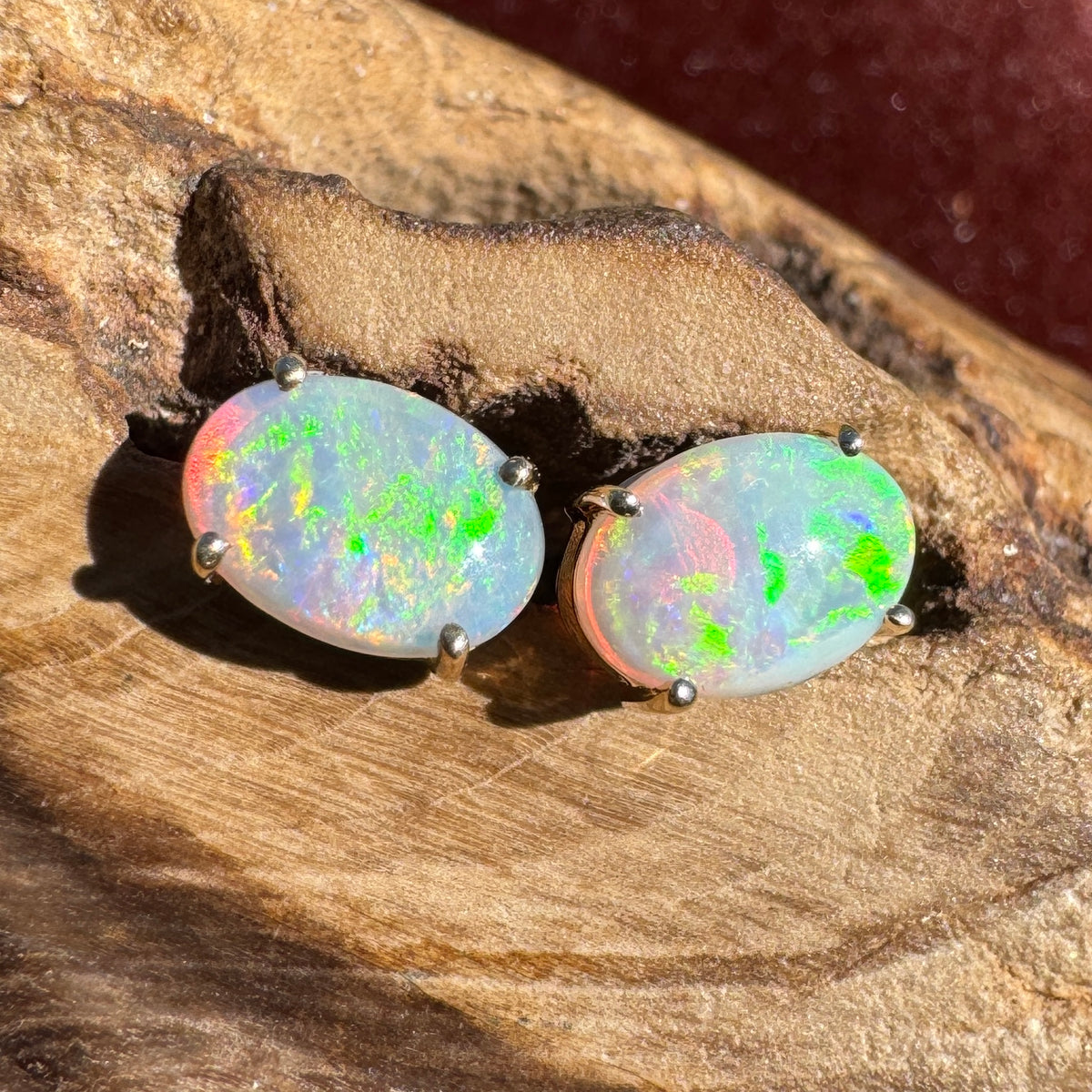1.2ct Coober Pedy Opal Stud Earrings ~ 'Warrumbungle Spectrum' | 14ct Yellow Gold | Solid Australian Opal